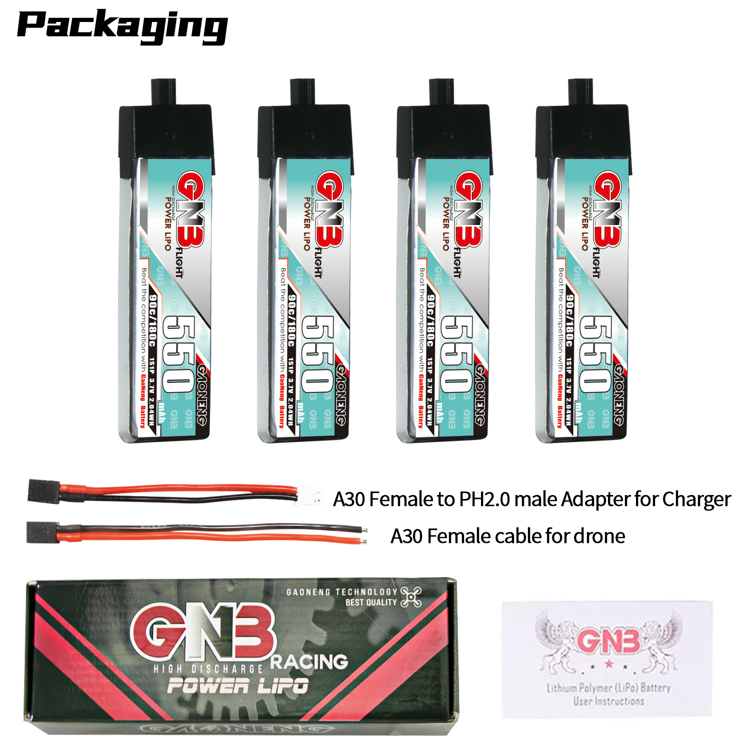 GAONENG GNB 1S 3.7V 550mAh 90C A30 Plastic Head LiPo Battery