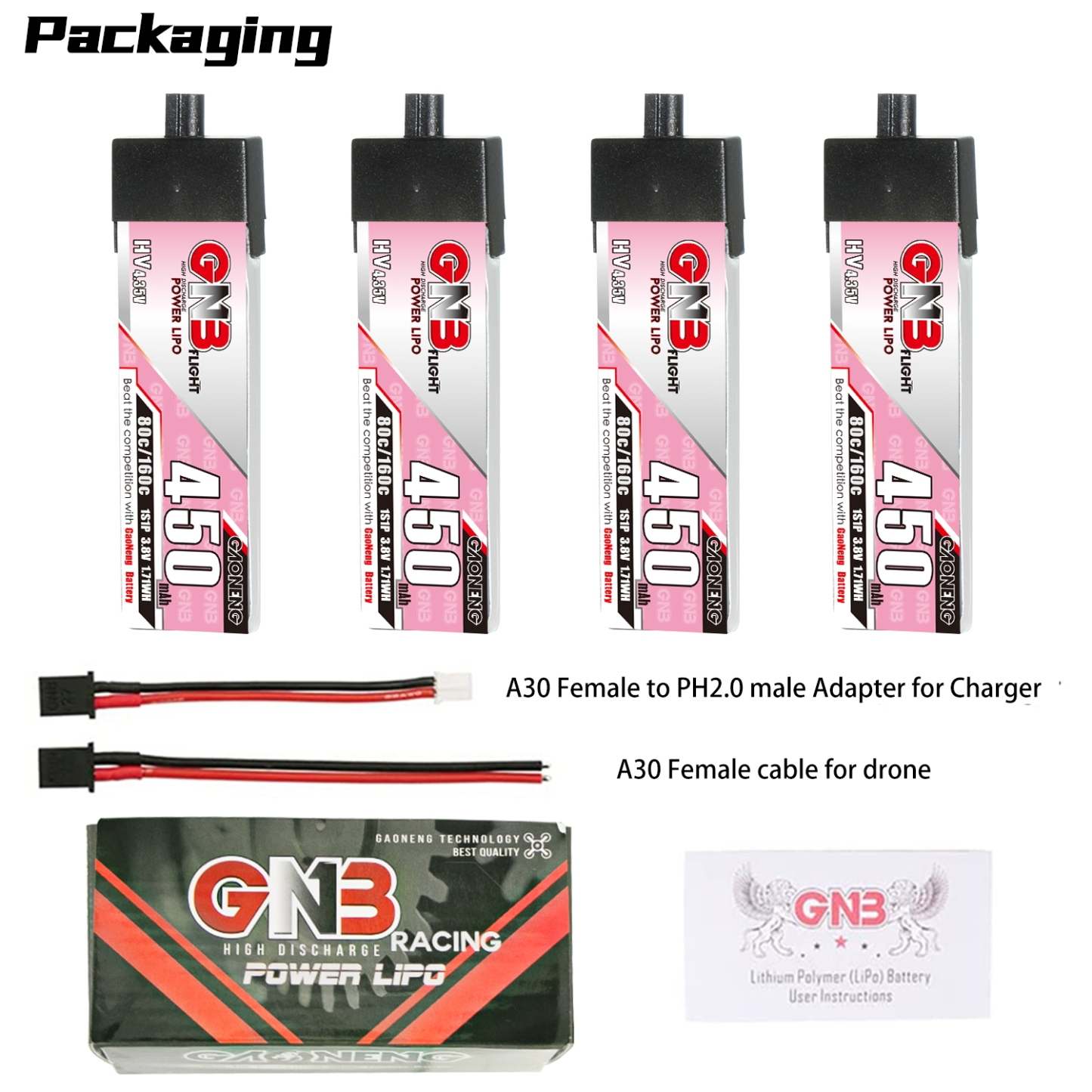 GAONENG GNB LiHV 1S 3.8V 450MAH 80C A30 LIPO BATTERY FPV DRONE QUADS