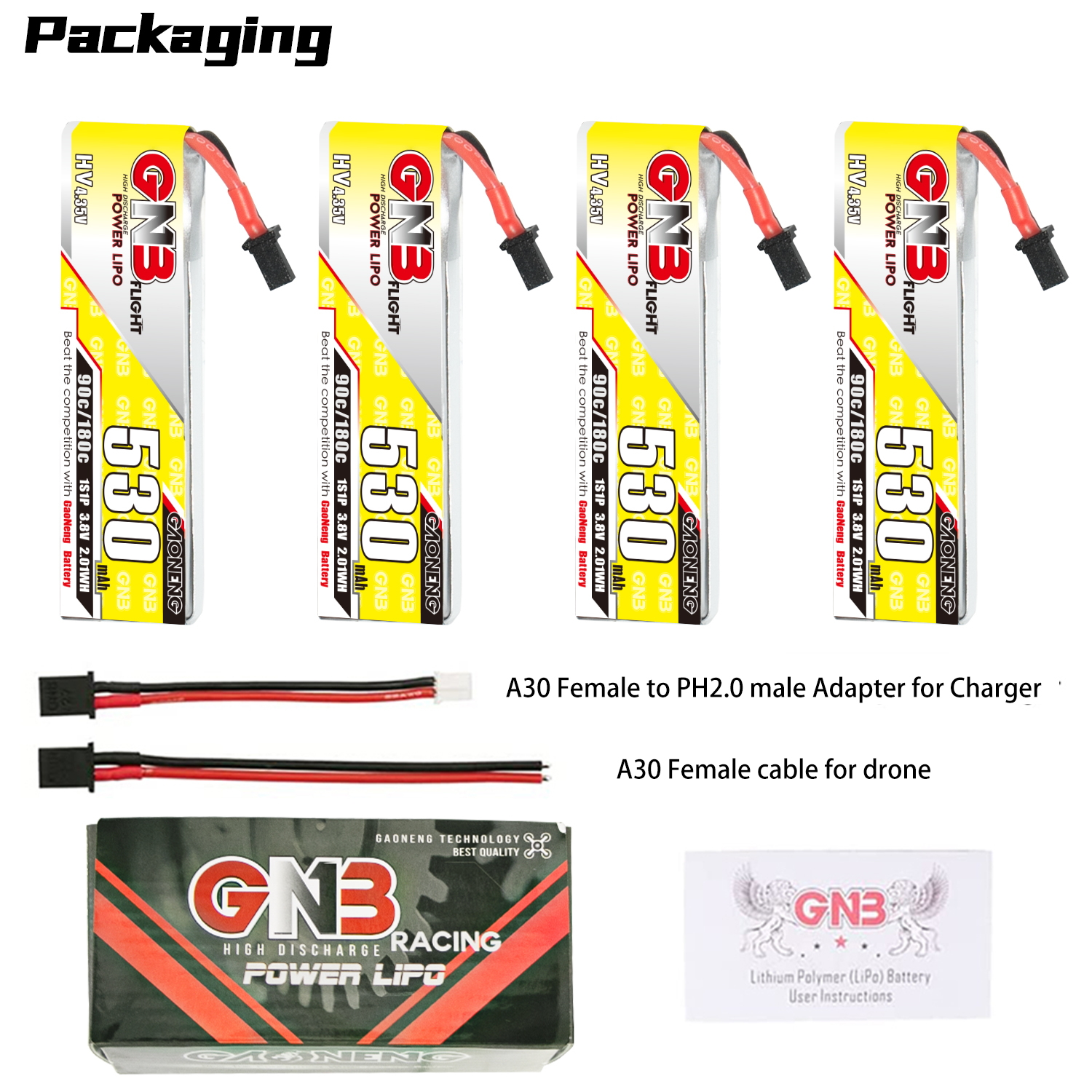 GAONENG GNB LiHV 1S 3.8V 530mAh 90C A30 Cabled LiPo Battery