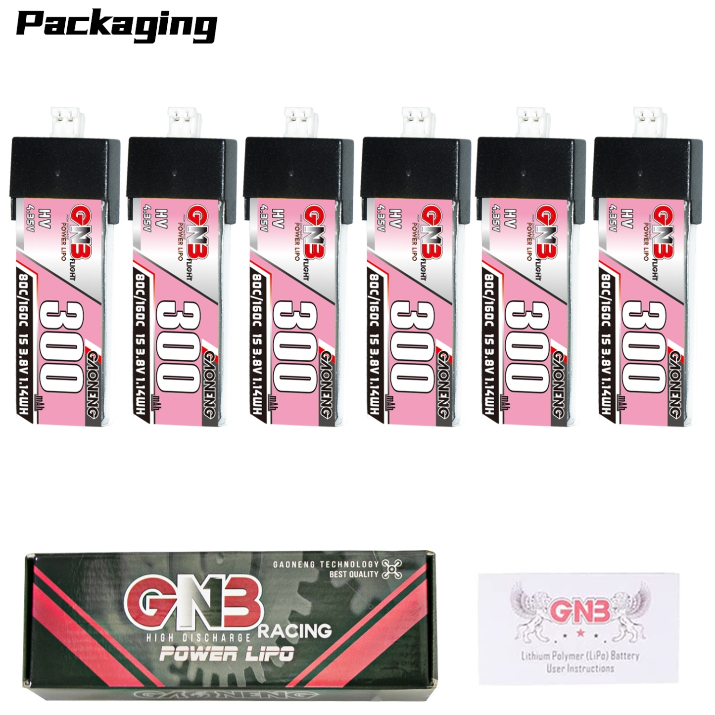 GAONENG GNB LiHV 1S 3.8V 300mAh 80C PH2.0 Plastic Head LiPo Battery
