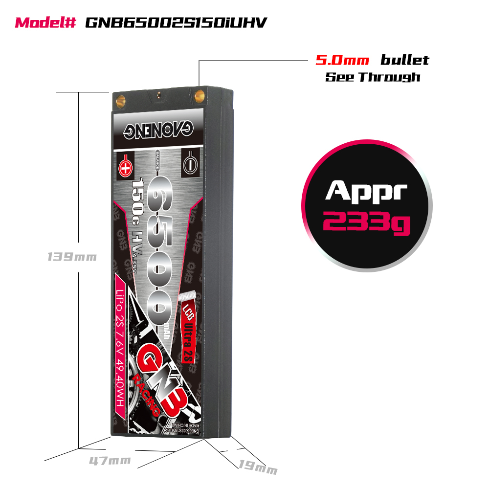 1PC - GAONENG GNB LiHV 2S 7.6V 6500mAh 150C Hard Case Ultra LCG LiPo Battery XT60