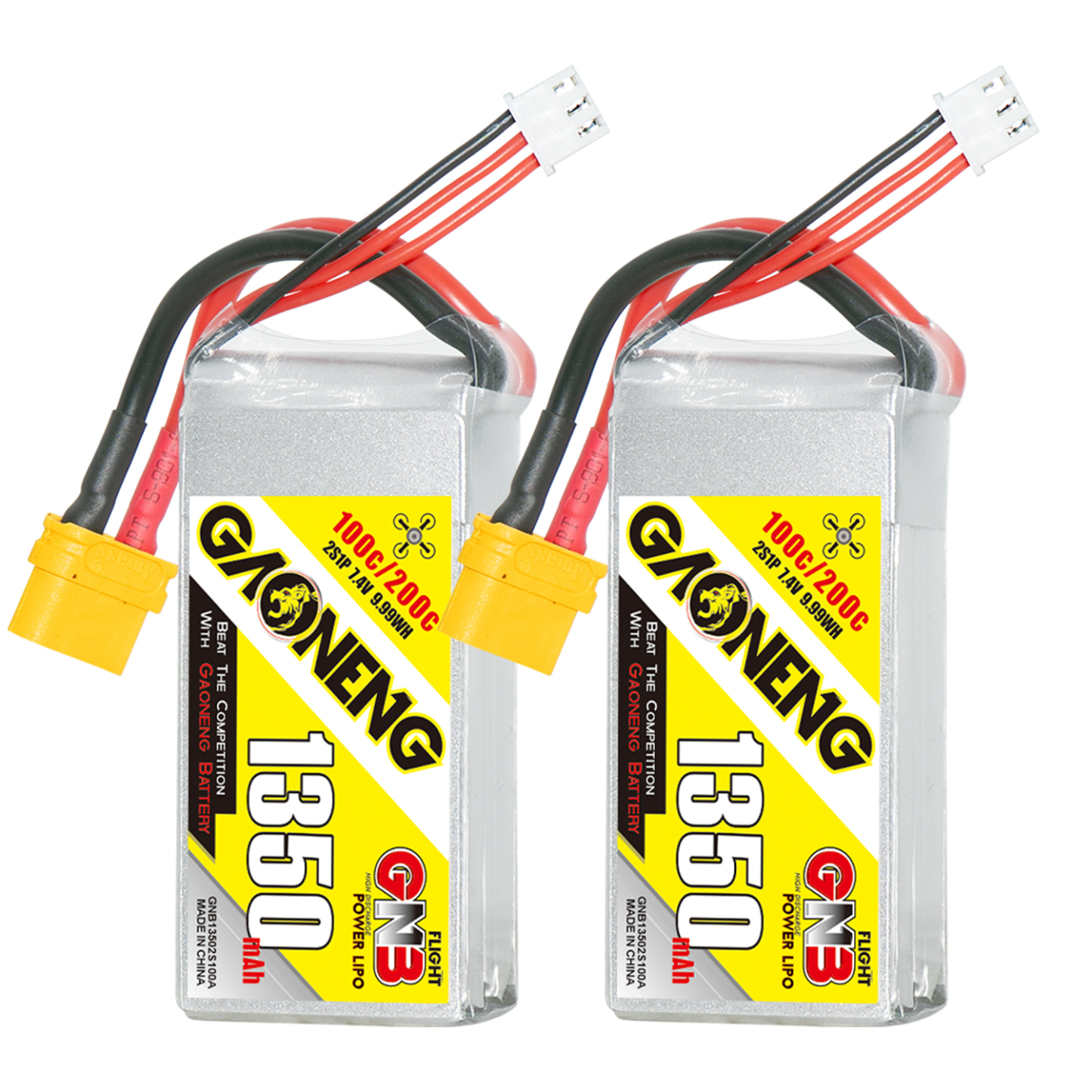 2PCS - GAONENG GNB 2S 7.4V 1350mAh 100C XT60 LiPo Battery