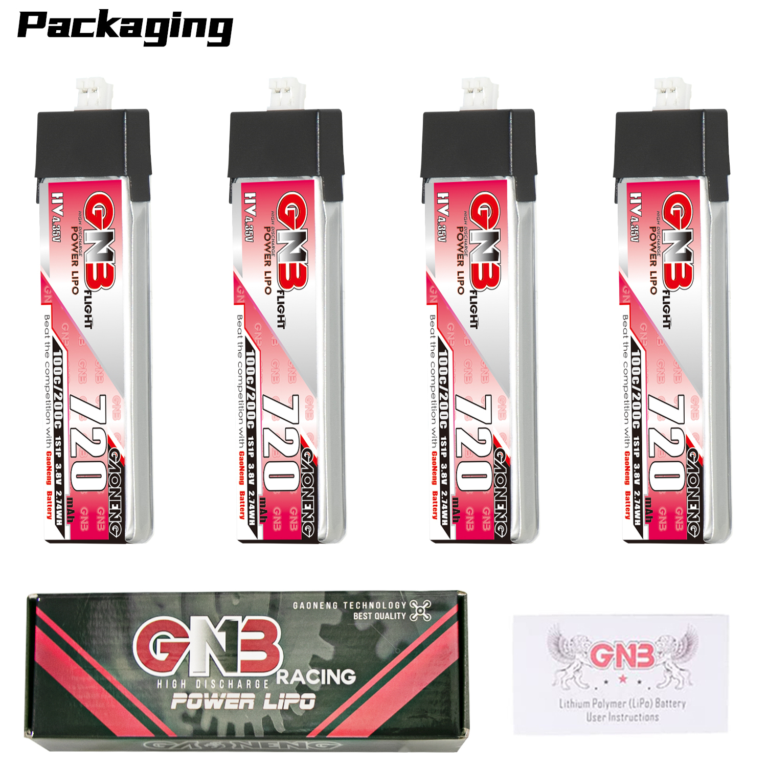 GAONENG GNB LiHV 1S 3.8V 720mAh 100C PH2.0 Plastic Head LiPo Battery