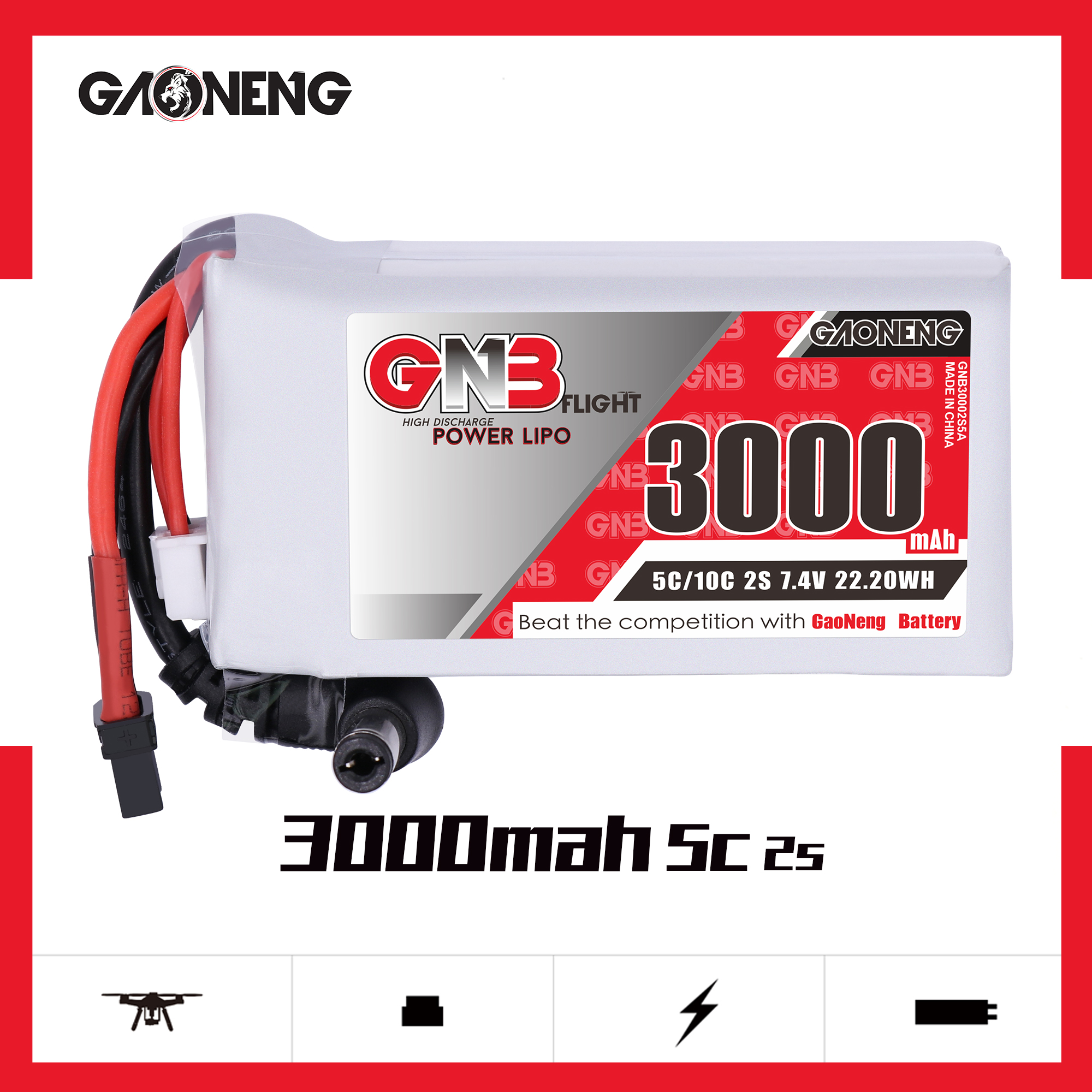 2PCS - GAONENG GNB 2S 7.4V 3000mAh 5C LiPo Battery DC5.5 XT30