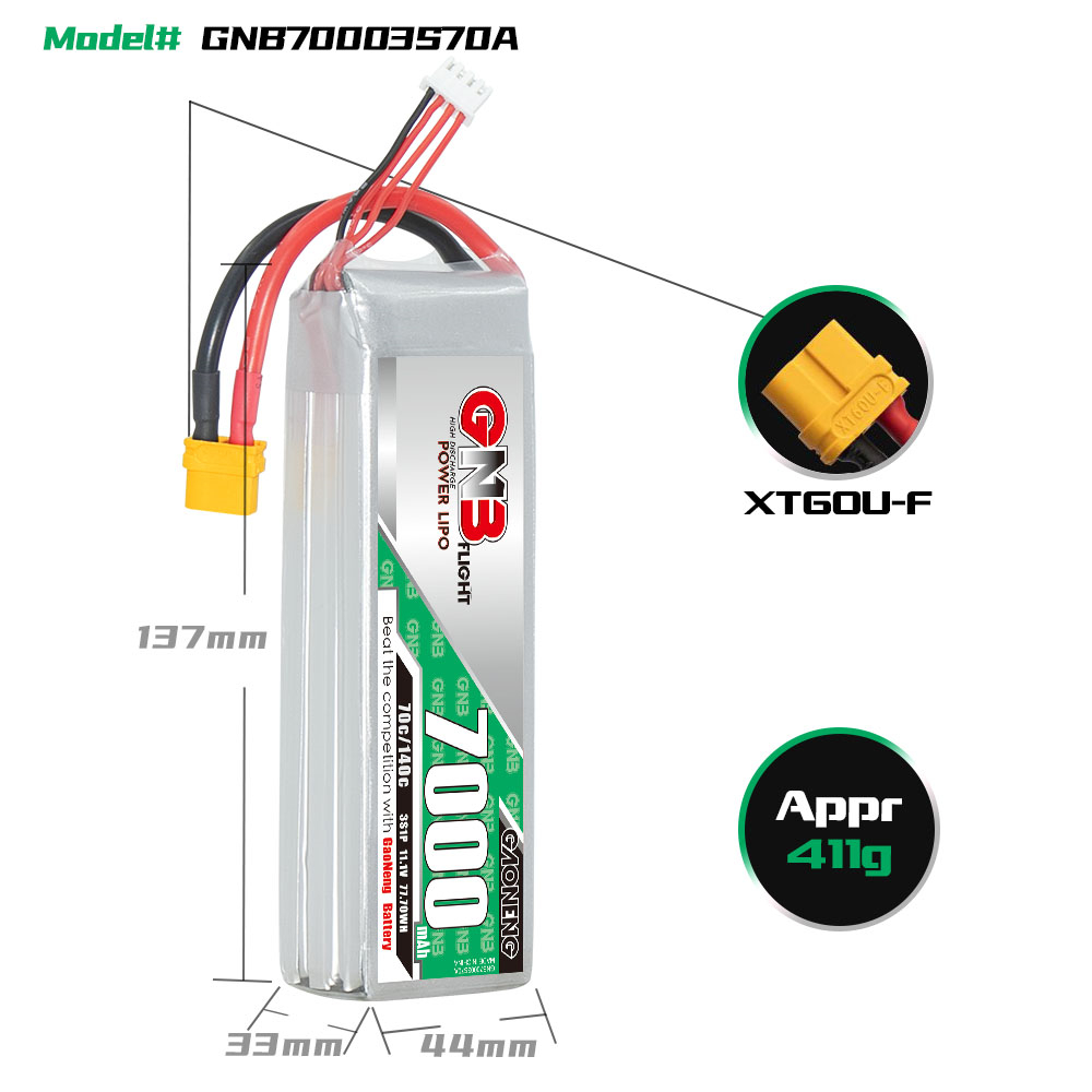 GAONENG GNB 3S 11.1V 7000mAh 70C LiPo Battery XT60
