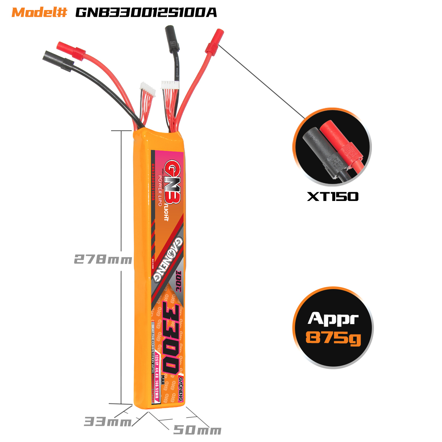 GAONENG GNB 12S 44.4V 3300mAh 100C LiPo Battery XT150