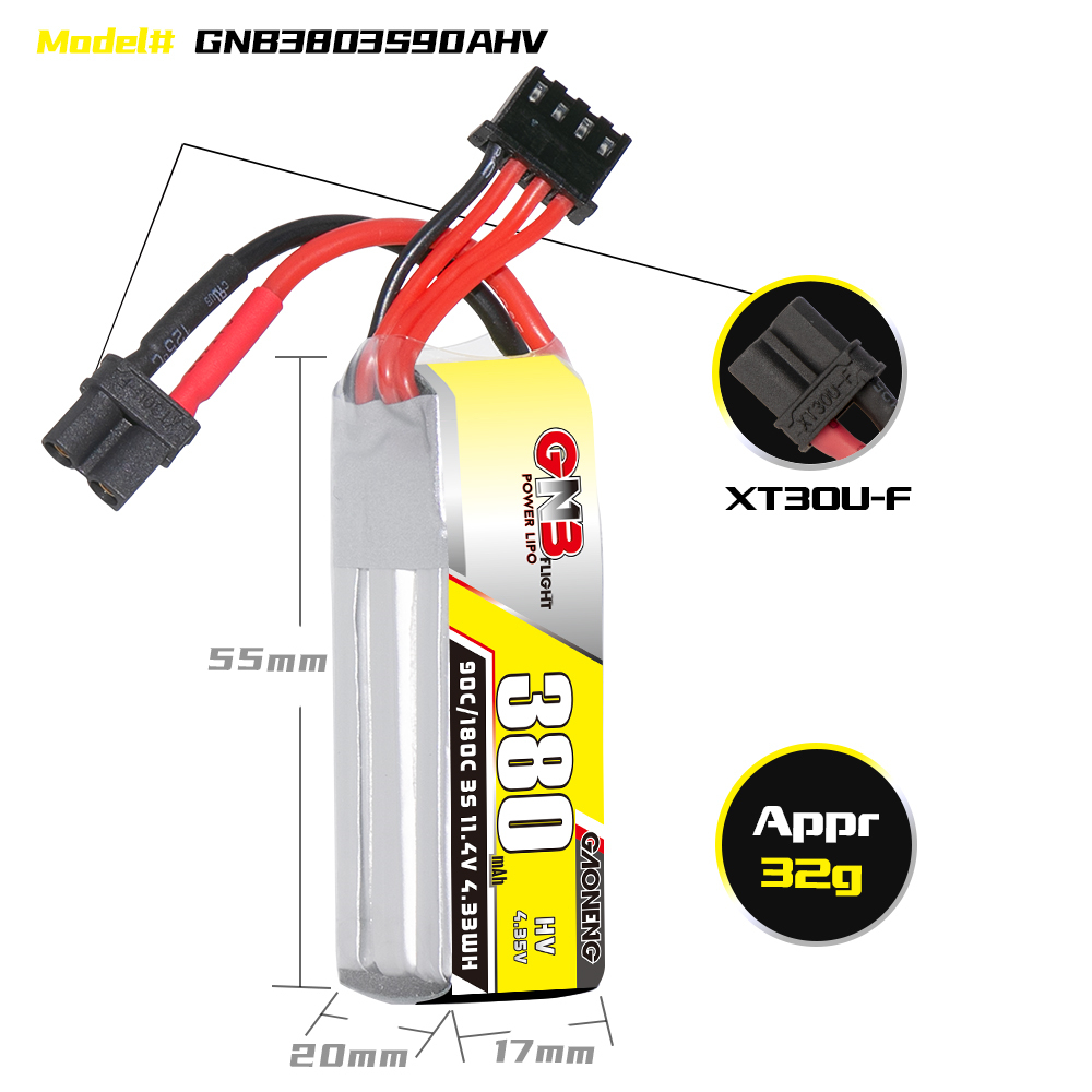 2PCS - GAONENG GNB LiHV 3S 11.4V 380mAh 90C XT30 LiPo Battery