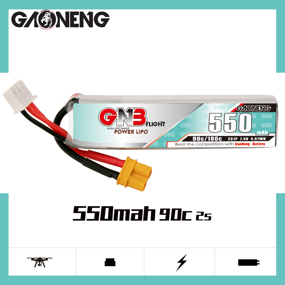 4PCS - GAONENG GNB 2S 7.4V 550mAh 90C XT30 LiPo Battery Long Type