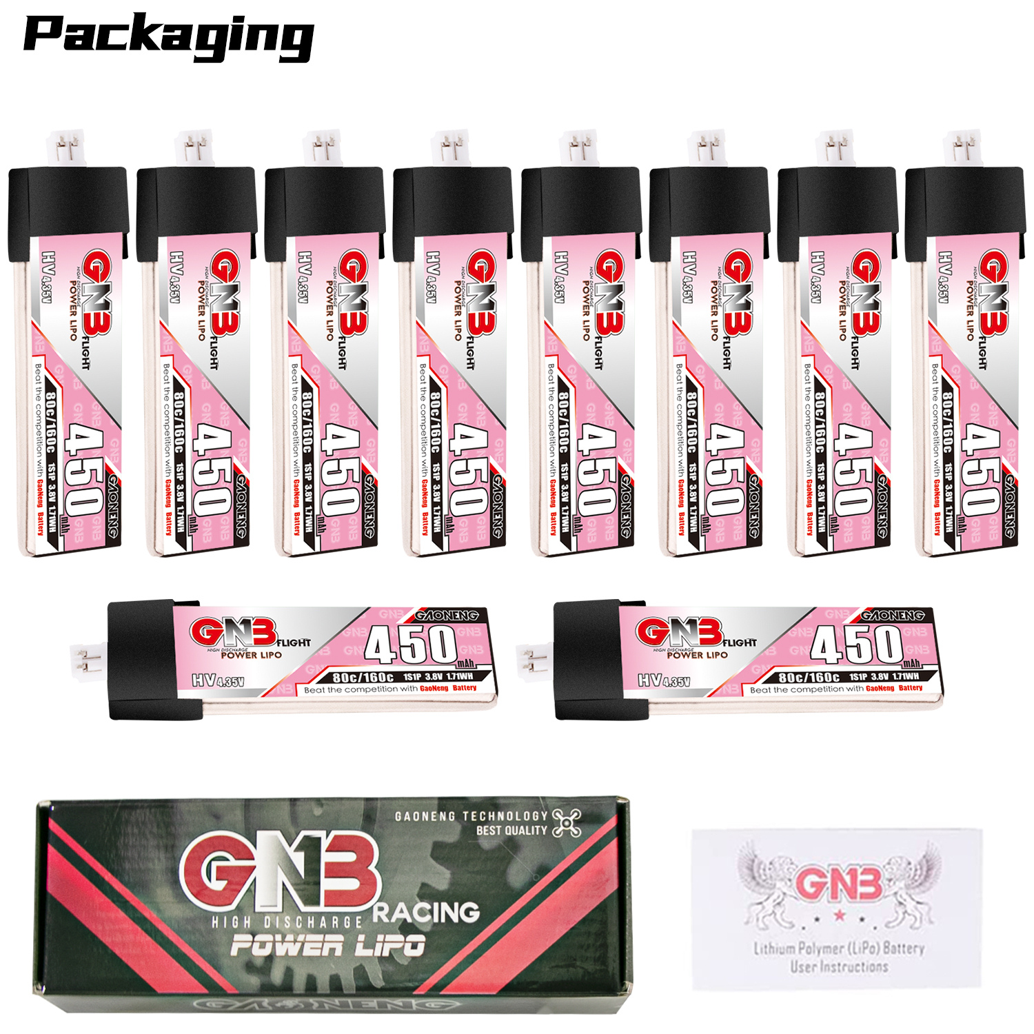 GAONENG GNB LiHV 1S 3.8V 450mAh 80C PH2.0 Plastic Head LiPo Battery
