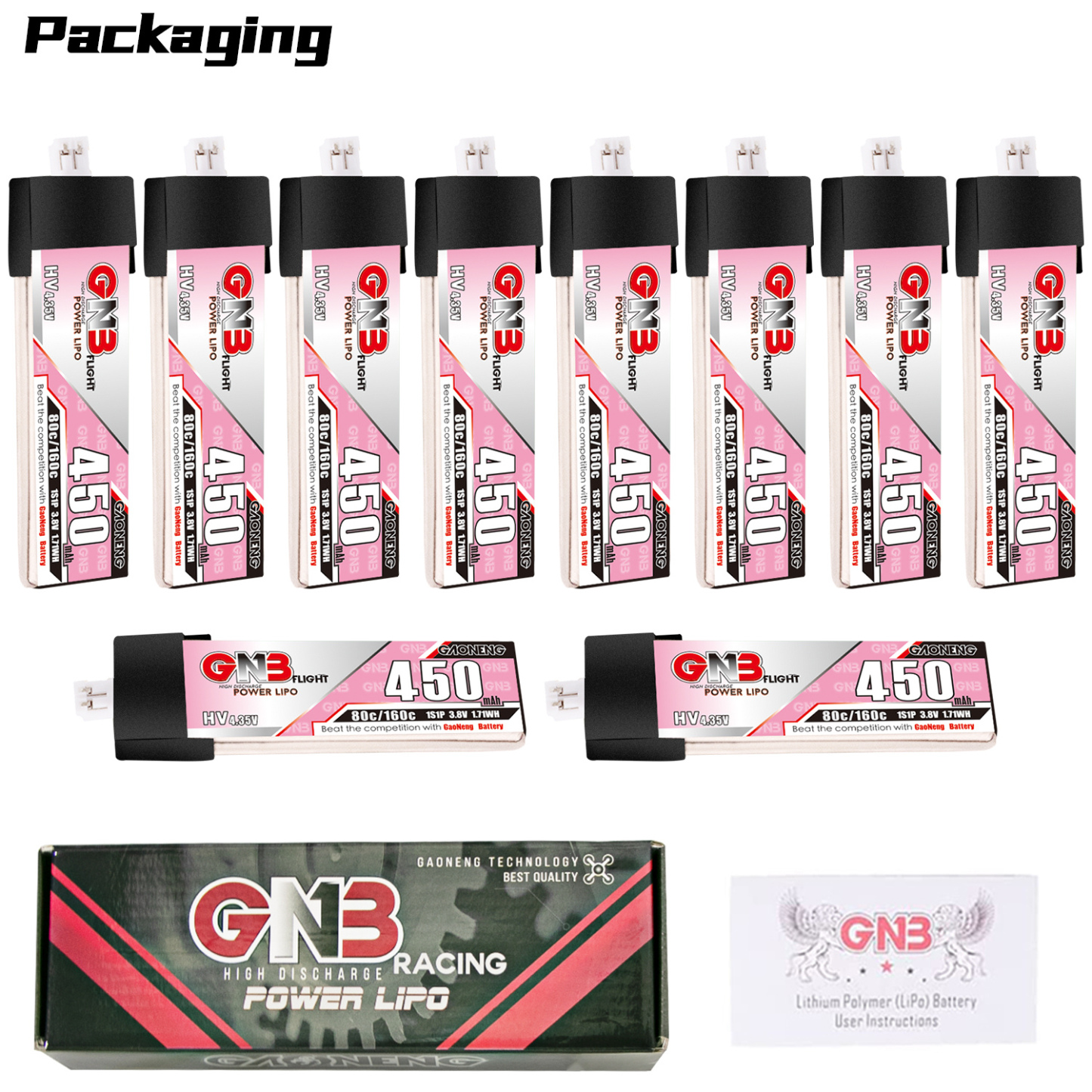 GAONENG GNB LiHV 1S 3.8V 450mAh 80C PH2.0 Plastic Head LiPo Battery