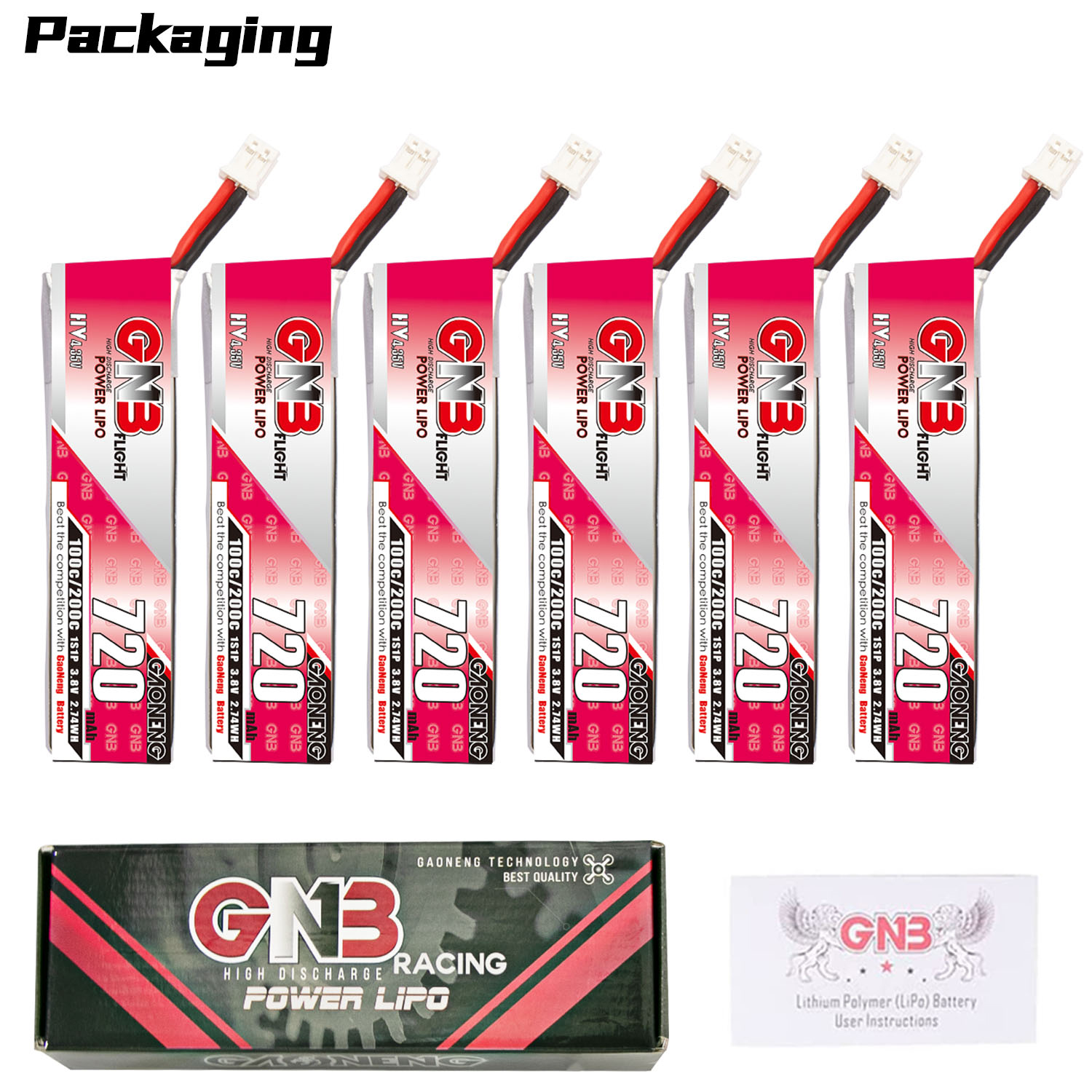 GAONENG GNB LiHV 1S 3.8V 720mAh 100C PH2.0 Cabled LiPo Battery