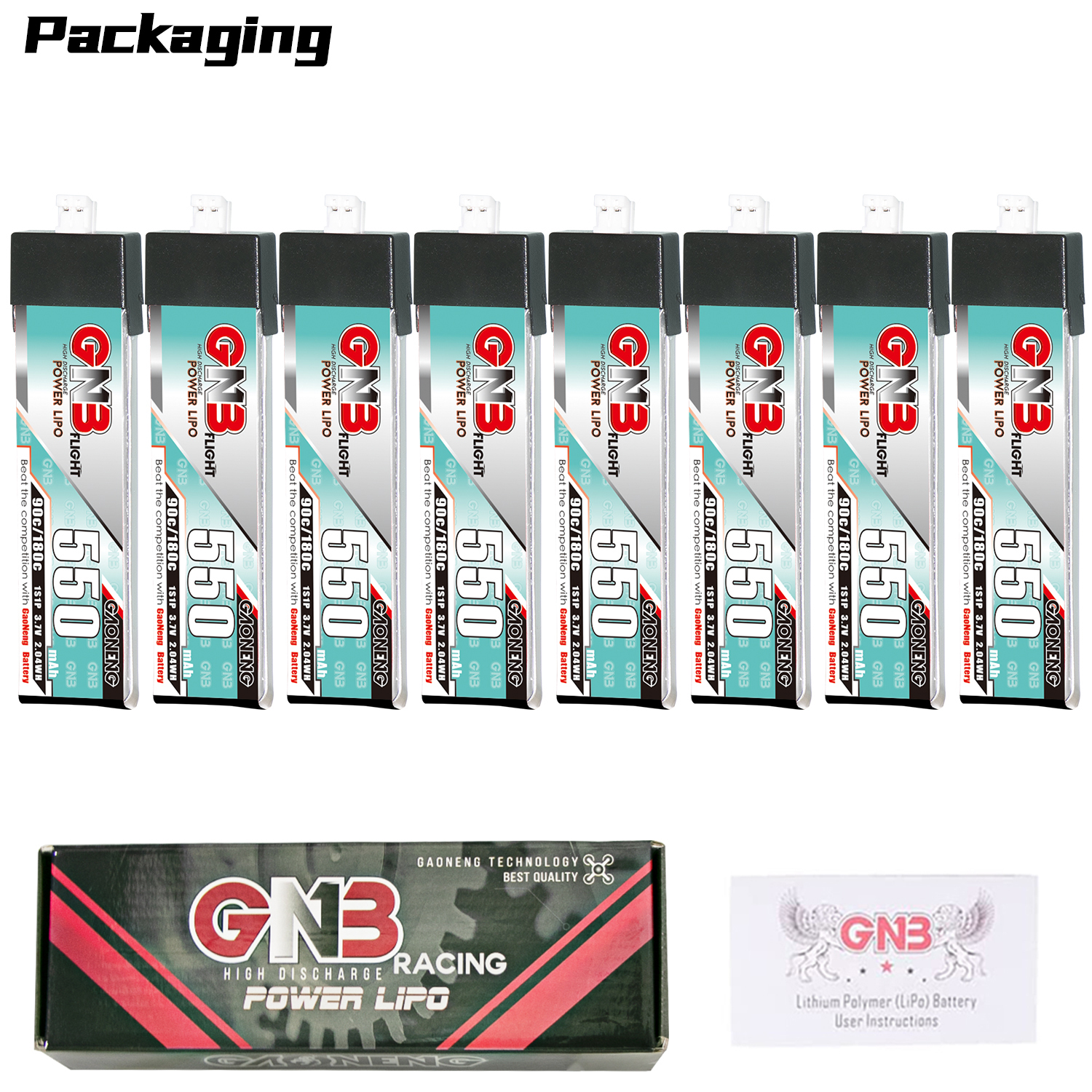 GAONENG GNB 1S 3.7V 550mAh 90C PH2.0 Plastic Head LiPo Battery