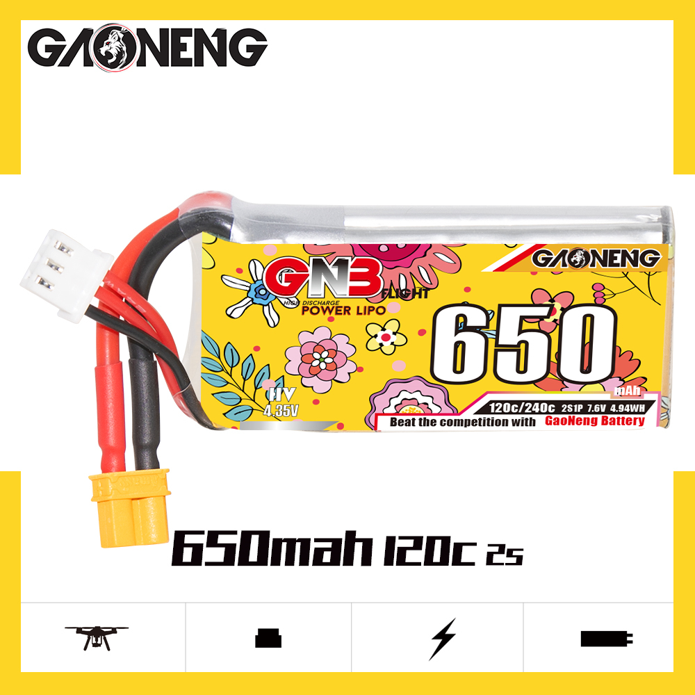 4PCS - GAONENG GNB LiHV 2S 7.6V 650mAh 120C XT30 LiPo Battery