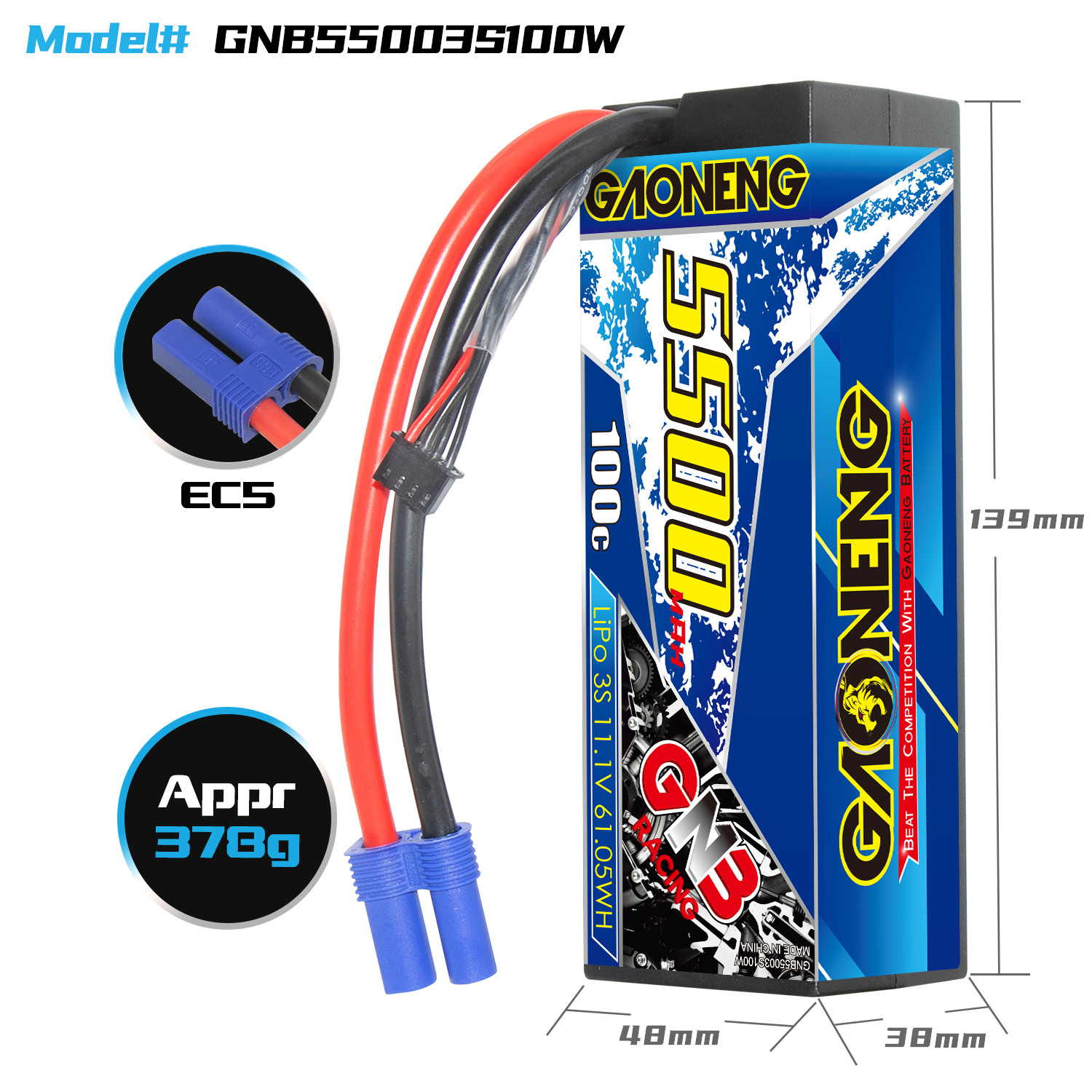 GAONENG GNB 3S 11.1V 5500mAh 100C Cabled Hard Case LiPo Battery EC5