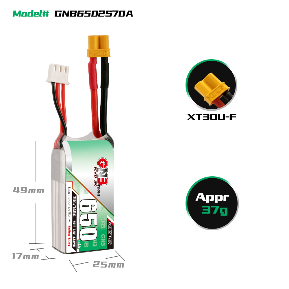4PCS - GAONENG GNB 2S 7.4V 650mAh 70C XT30 LiPo Battery