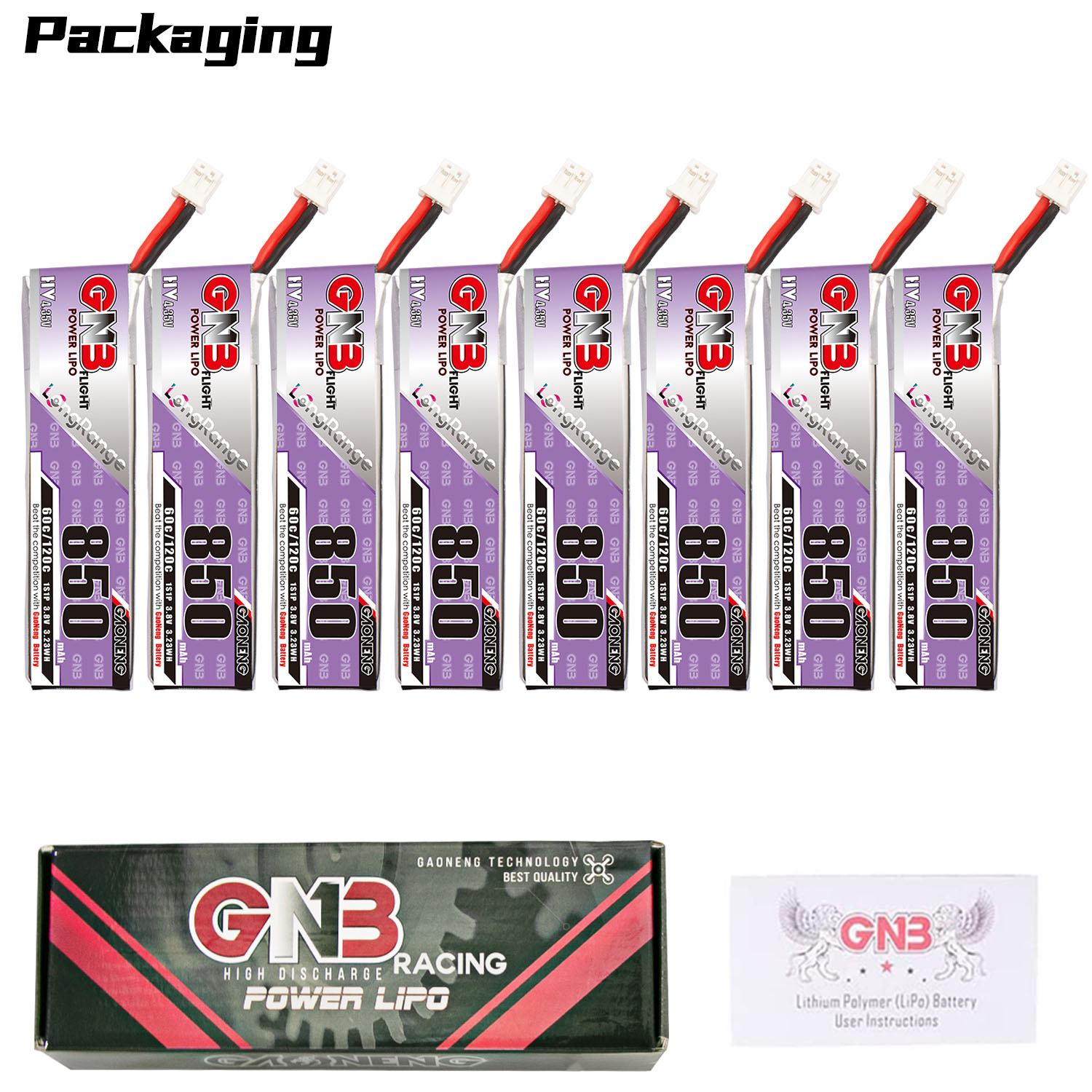 GAONENG GNB LiHV 1S 3.8V 850mAh 60C PH2.0 Cabled LiPo Battery Long Range