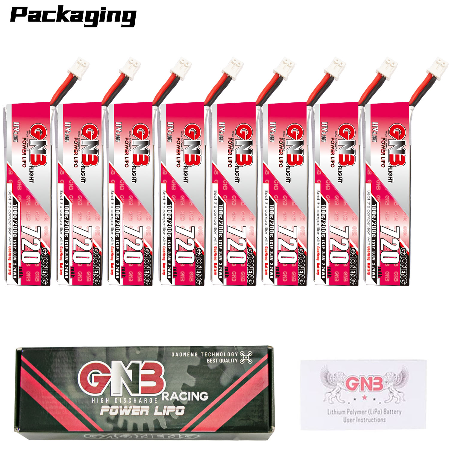 GAONENG GNB LiHV 1S 3.8V 720mAh 100C PH2.0 Cabled LiPo Battery