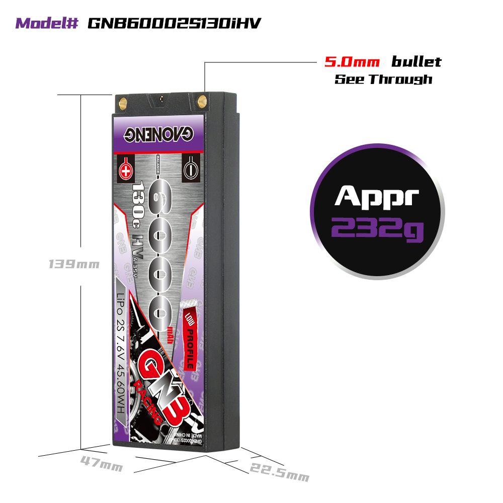 1PC - GAONENG GNB LiHV 2S 7.6V 6000mAh 130C Hard Case LCG LiPo Battery T-Plug