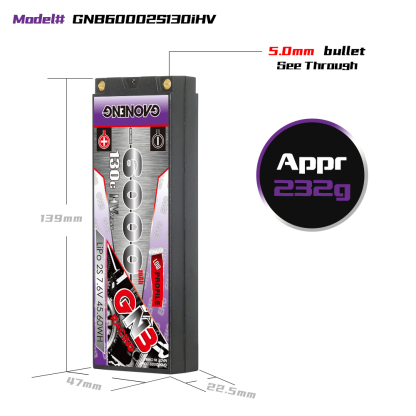 1PC - GAONENG GNB LiHV 2S 7.6V 6000mAh 130C Hard Case LCG LiPo Battery T-Plug