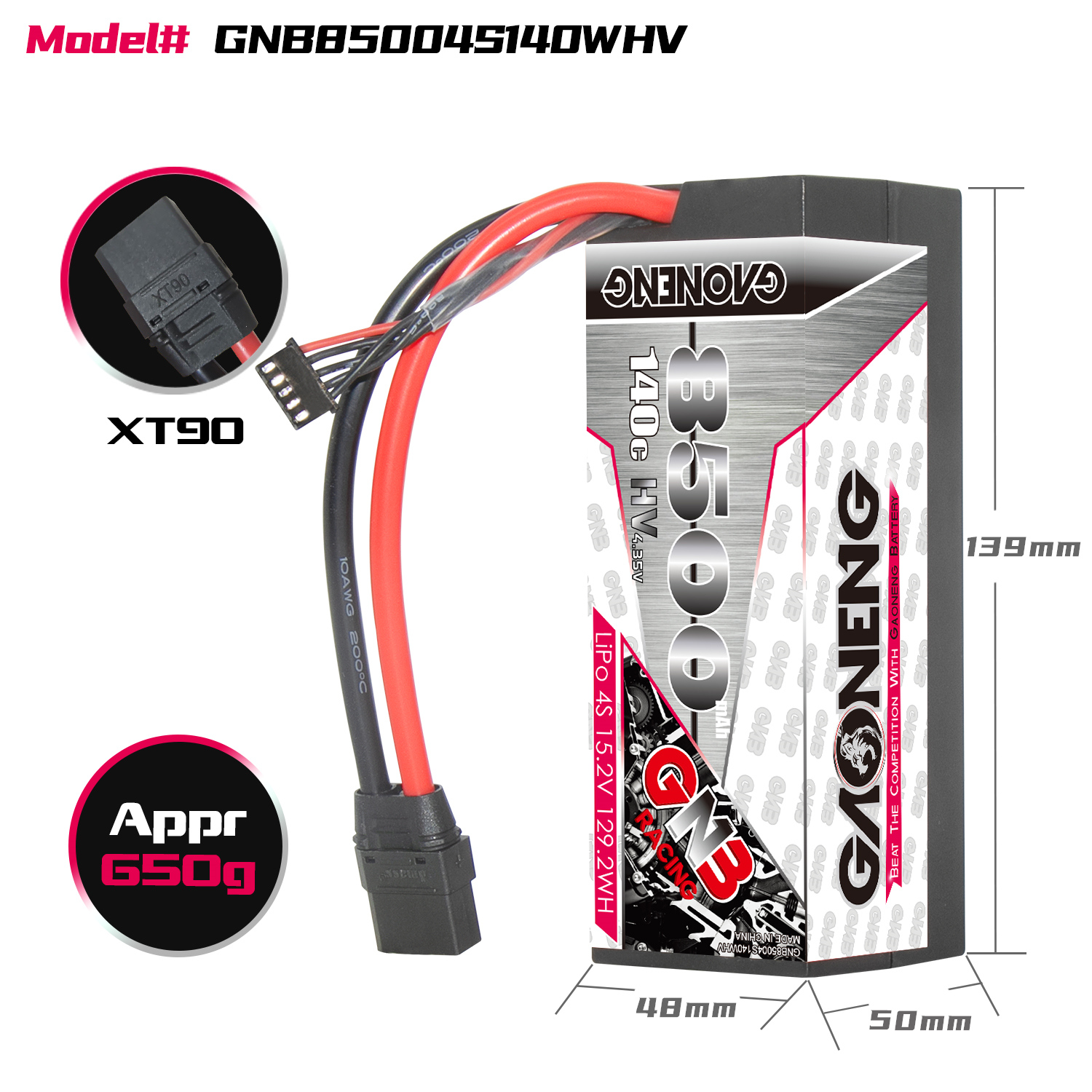 GAONENG GNB LiHV 4S 15.2V 8500mAh 140C Cabled Hard Case LiPo Battery XT90