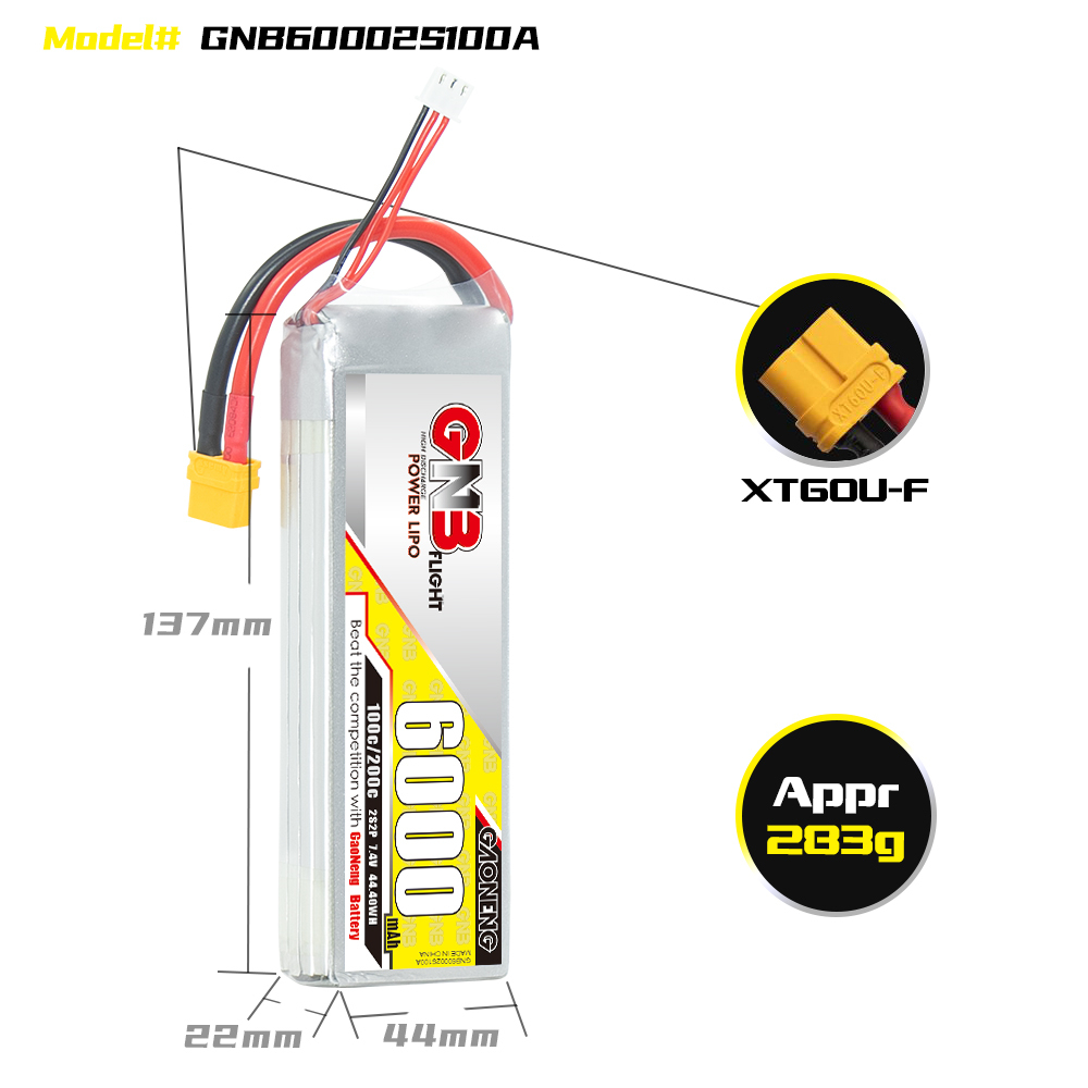 1PC - GAONENG GNB 2S 7.4V 6000mAh 100C LiPo Battery XT60