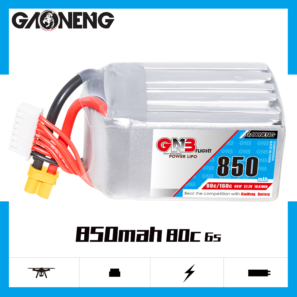 2PCS - GAONENG GNB 6S 22.2V 850mAh 80C XT30 Connector LiPo Battery