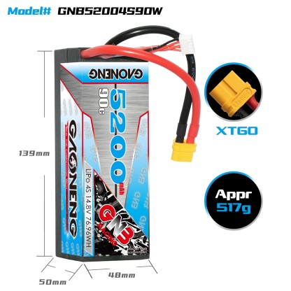 GAONENG GNB 4S 14.8V 5200mAh 90C Cabled Hard Case LiPo Battery XT60