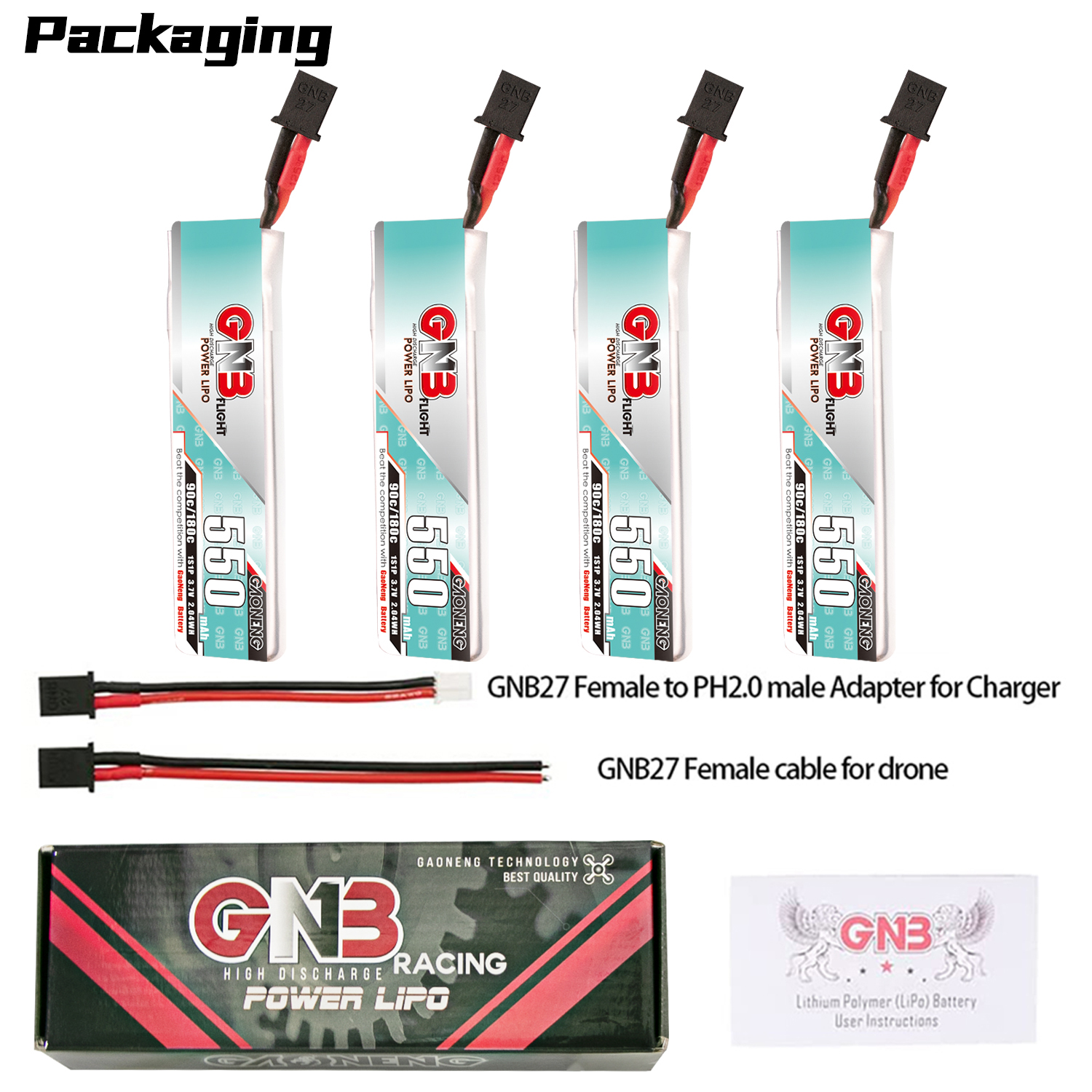 4PCS - GAONENG GNB 1S 3.7V 550mAh 90C GNB27 Cabled LiPo Battery
