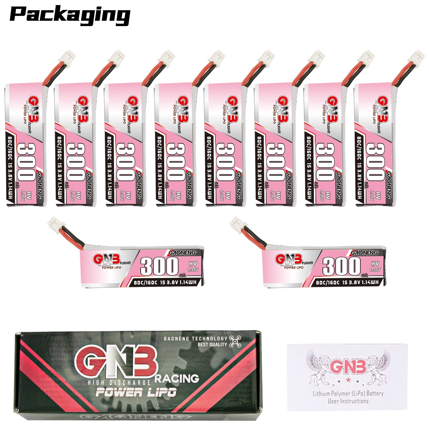 GAONENG GNB LiHV 1S 3.8V 300mAh 80C PH2.0 Cabled LiPo Battery