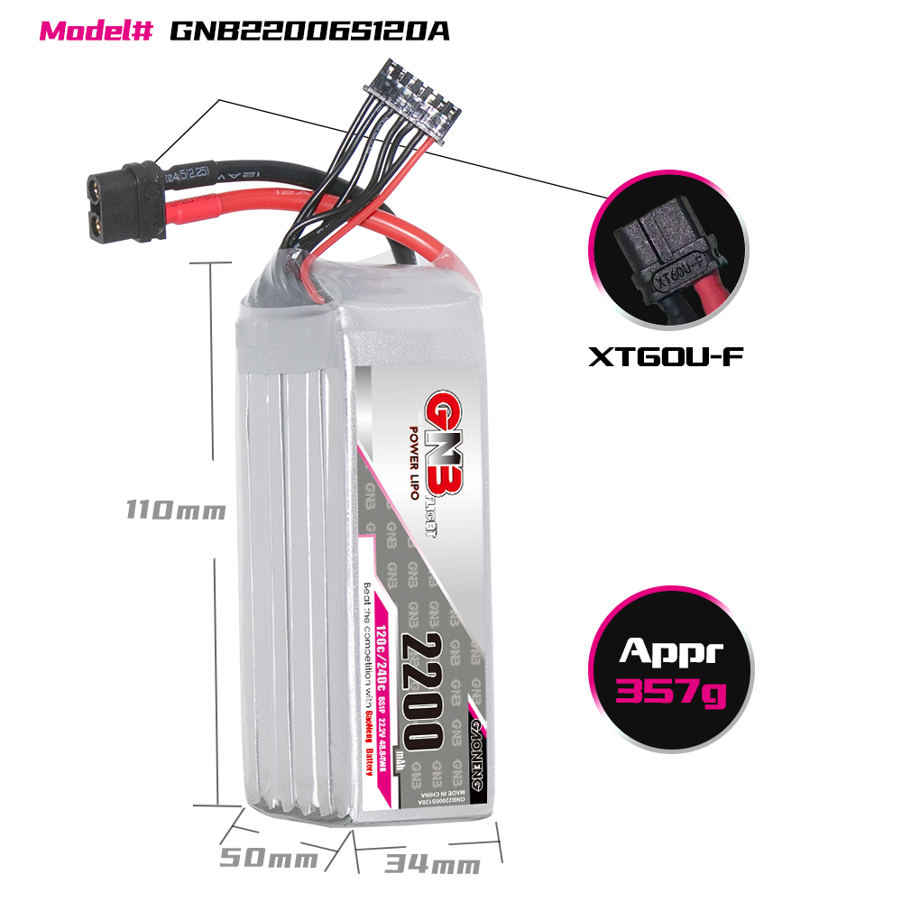 1PCS - GAONENG GNB 6S 22.2V 2200mAh 120C XT60 LiPo Battery