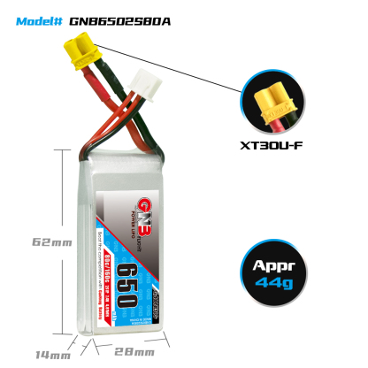 4PCS - GAONENG GNB 2S 7.4V 650mAh 80C XT30 LiPo Battery