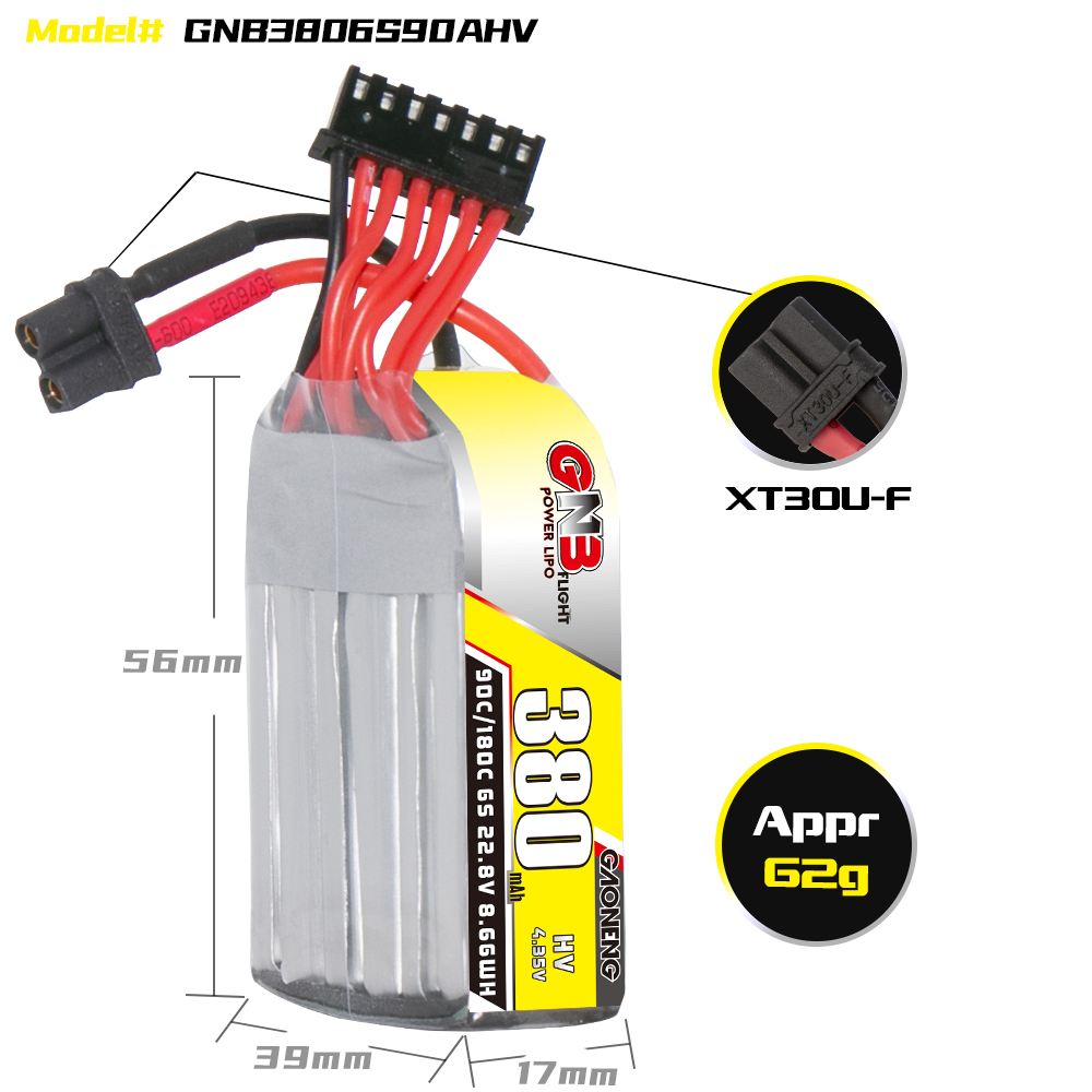 2PCS - GAONENG GNB LiHV 6S 22.8V 380mAh 90C XT30 LiPo Battery