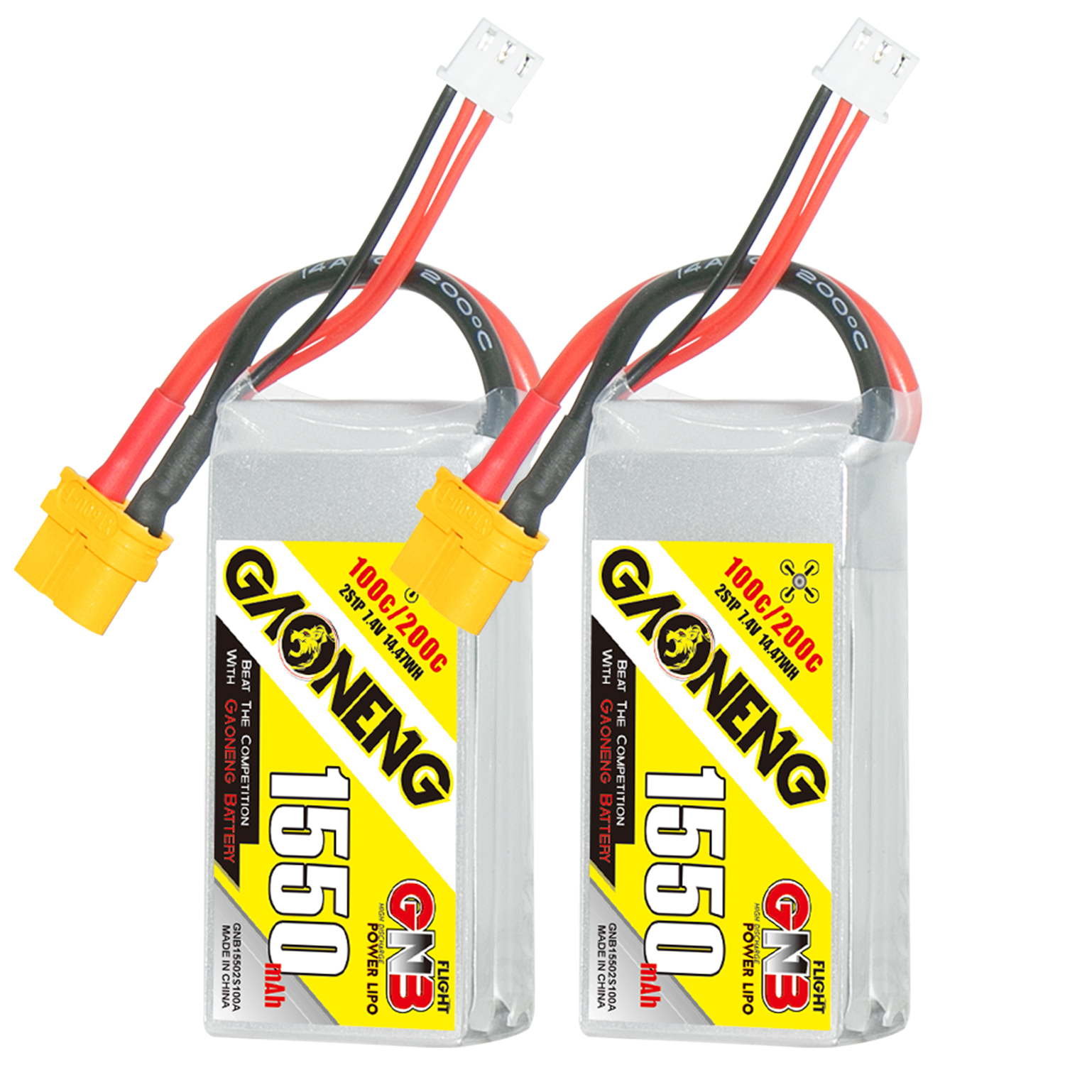 2PCS - GAONENG GNB 2S 7.4V 1550mAh 100C XT60 LiPo Battery