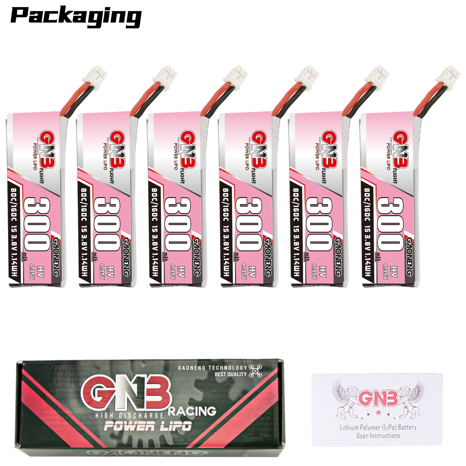 GAONENG GNB LiHV 1S 3.8V 300mAh 80C PH2.0 Cabled LiPo Battery