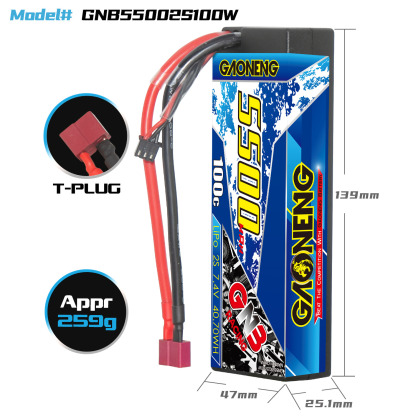 GAONENG GNB 2S 7.4V 5500mAh 100C Cabled Hard Case LiPo Battery T-PLUG