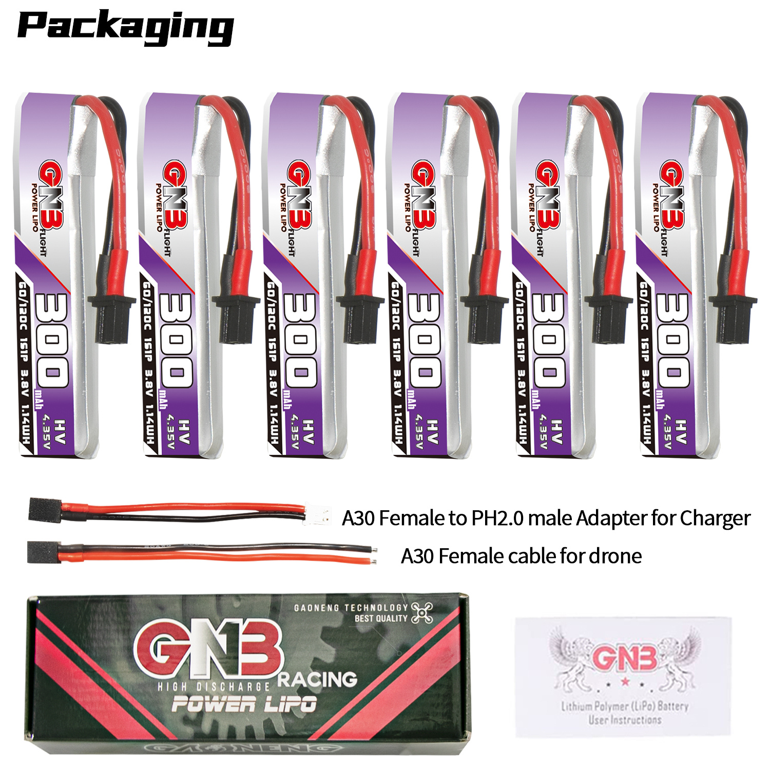 GAONENG GNB LiHV 1S 3.8V 300mAh 60C A30 Cabled LiPo Battery