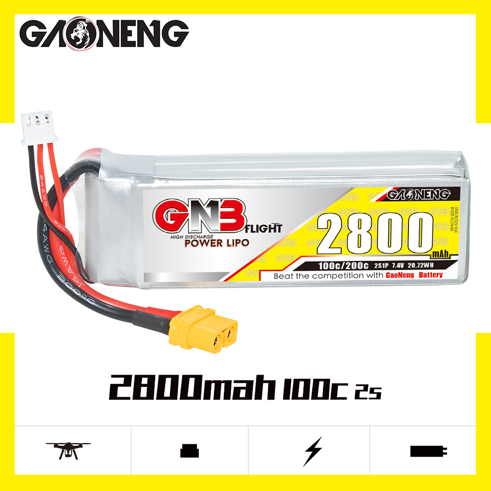 2PCS - GAONENG GNB 2S 7.4V 2800mAh 100C LiPo Battery XT60 Connector