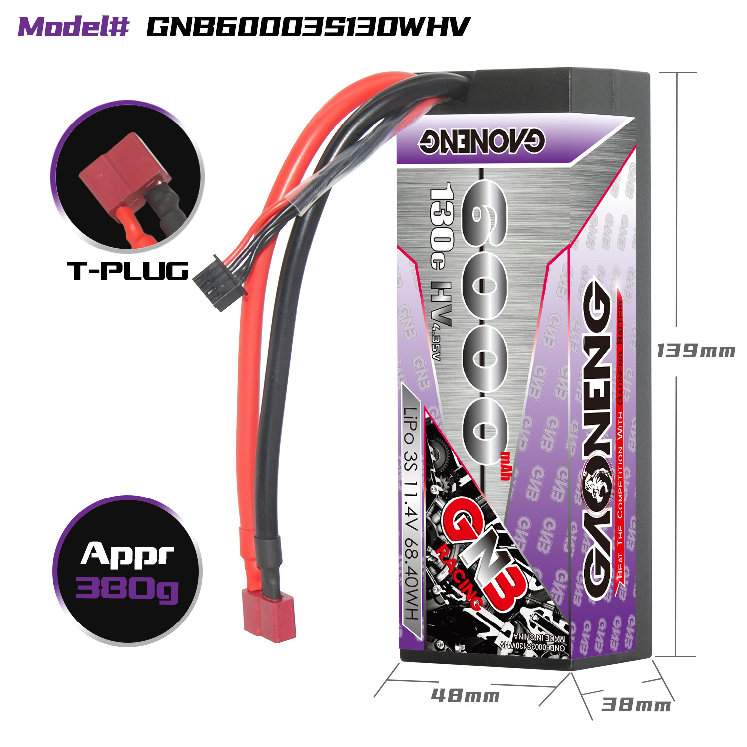 GAONENG GNB LiHV 3S 11.4V 6000mAh 130C Cabled Hard Case LiPo Battery T-PLUG
