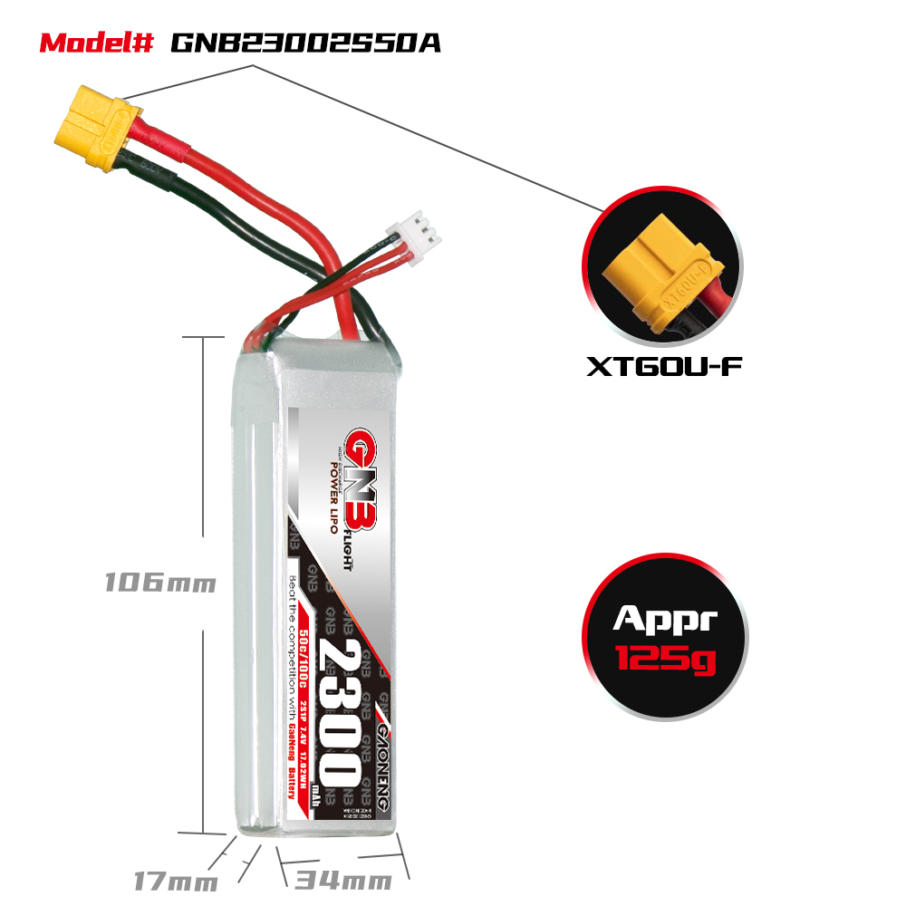 GAONENG GNB 2S 7.4V 2300mAh 50C LiPo Battery XT60 Connector