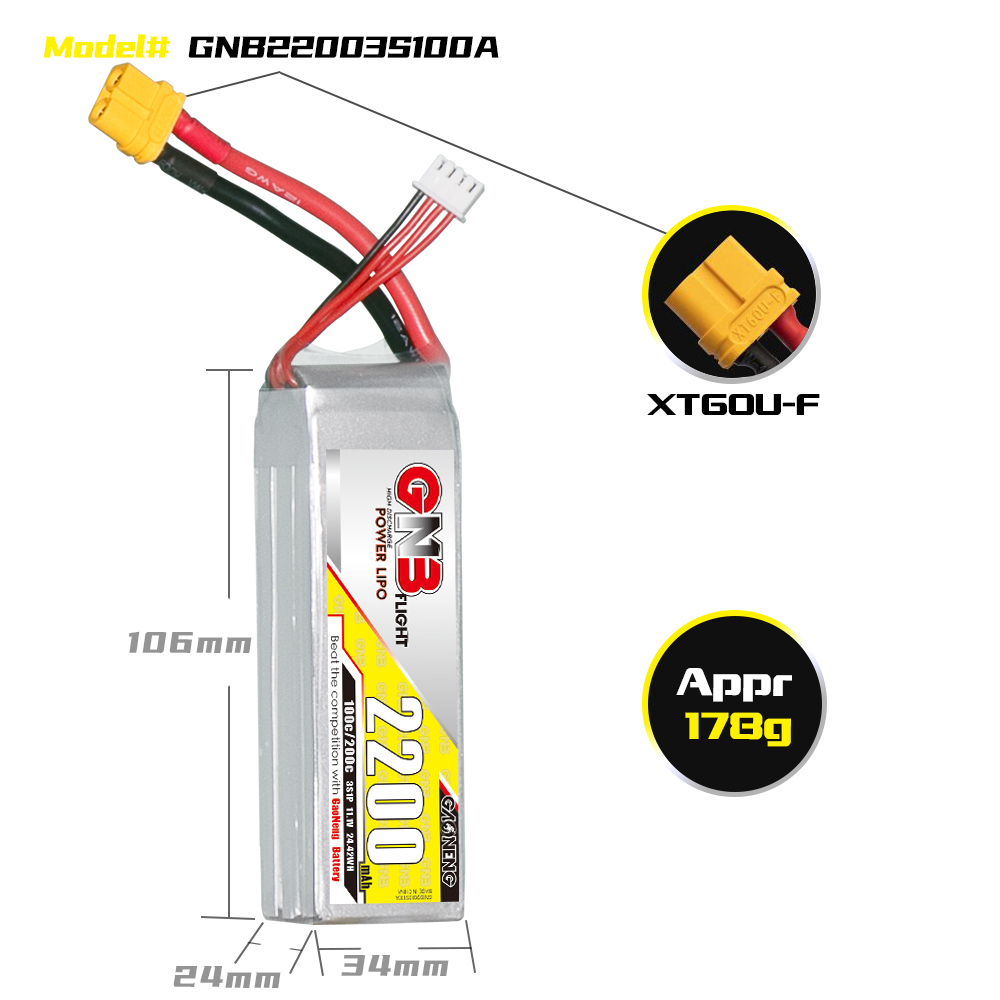 1PCS - GAONENG GNB 3S 11.1V 2200mAh 100C XT60 LiPo Battery