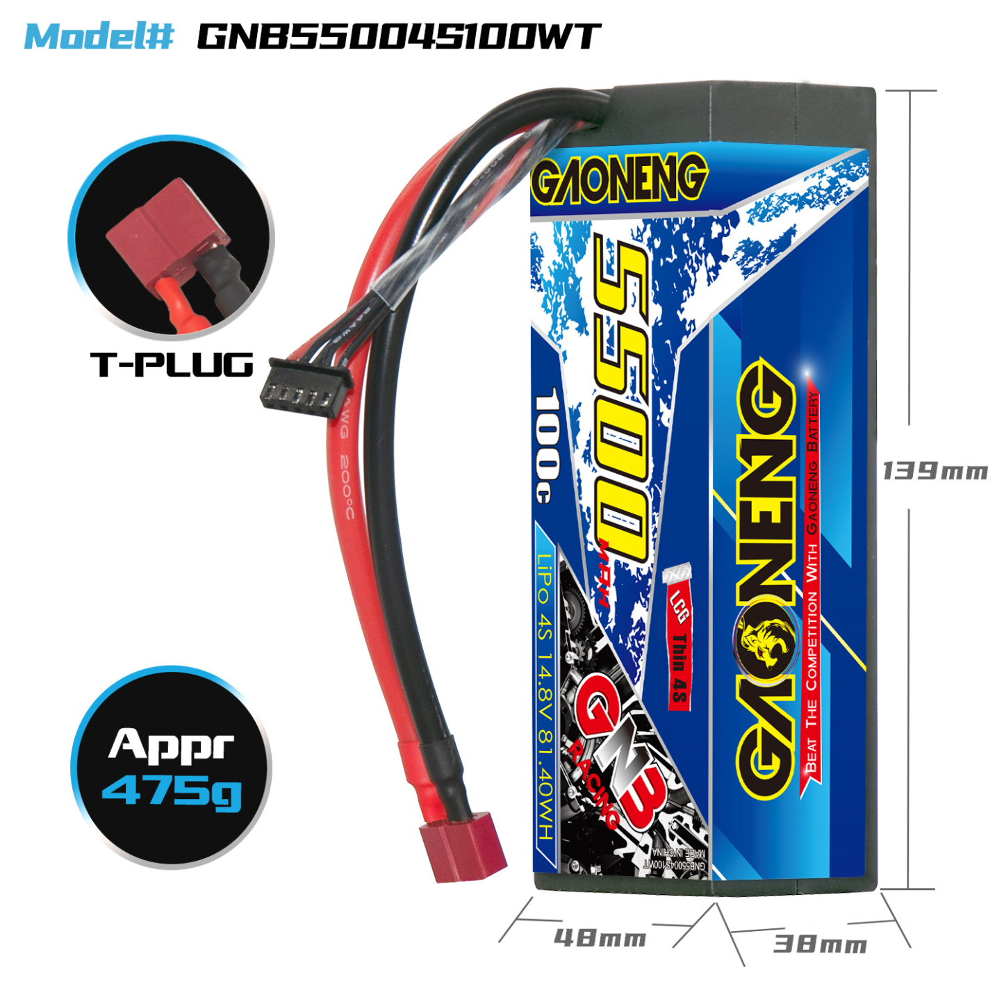 GAONENG GNB 4S 14.8V 5500mAh 100C Cabled 4S LCG Hard Case LiPo Battery T-PLUG