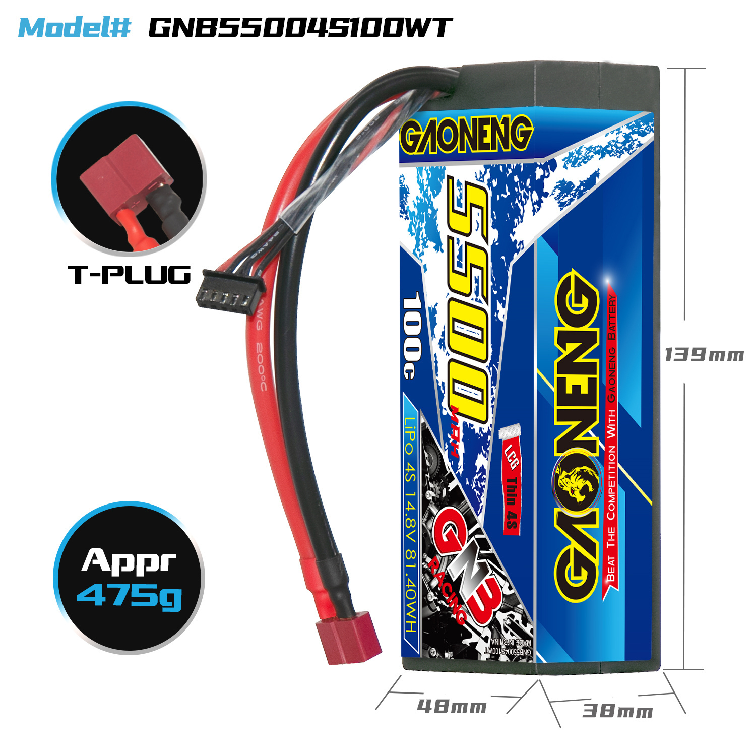 GAONENG GNB 4S 14.8V 5500mAh 100C Cabled 4S LCG Hard Case LiPo Battery T-PLUG