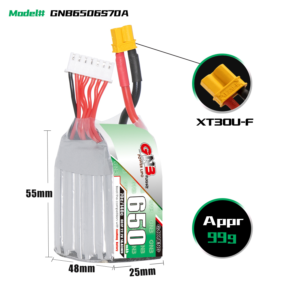 2PCS - GAONENG GNB 6S 22.2V 650mAh 70C XT30 LiPo Battery