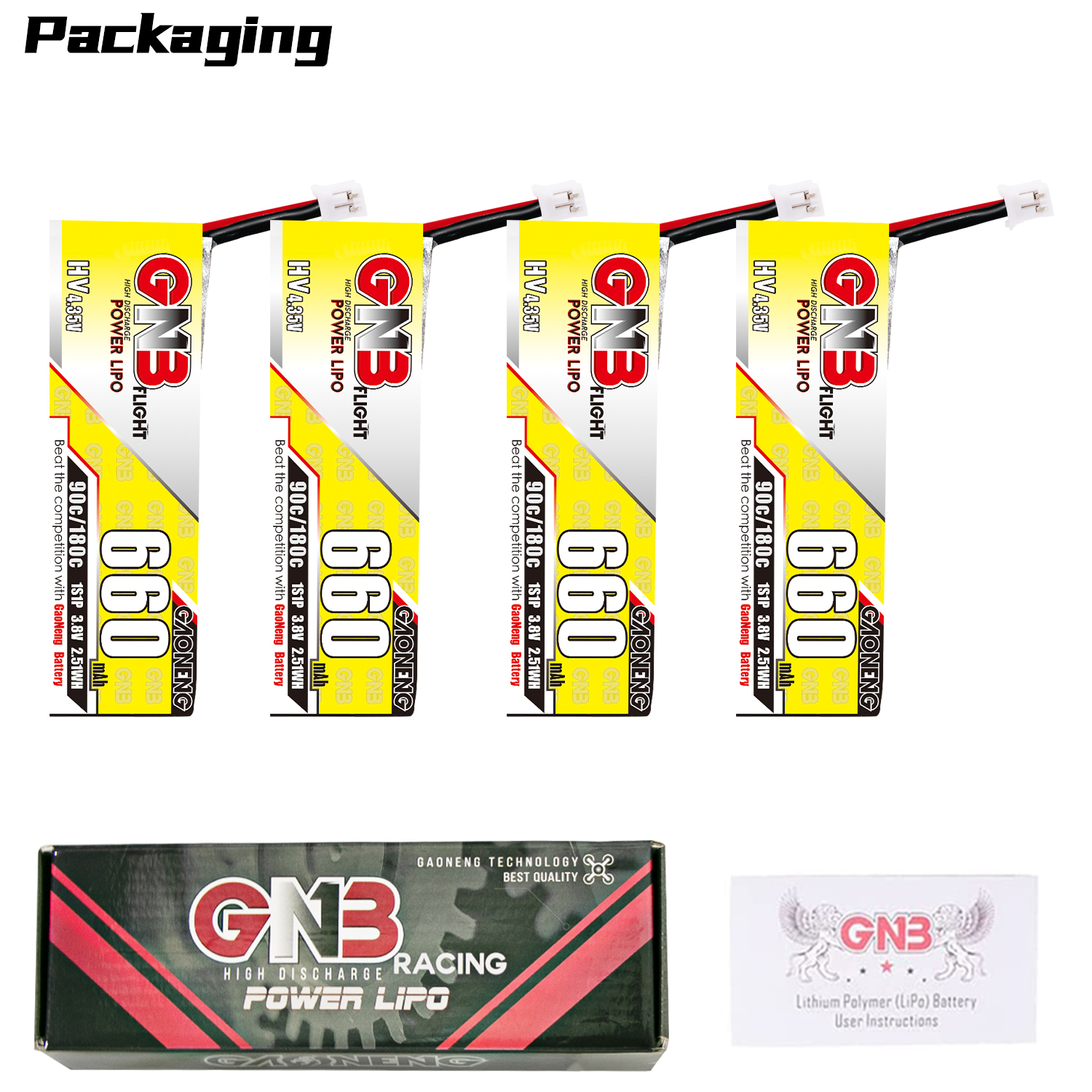 4PCS - GAONENG GNB LiHV 1S 3.8V 660mAh 90C PH2.0 Cabled LiPo Battery