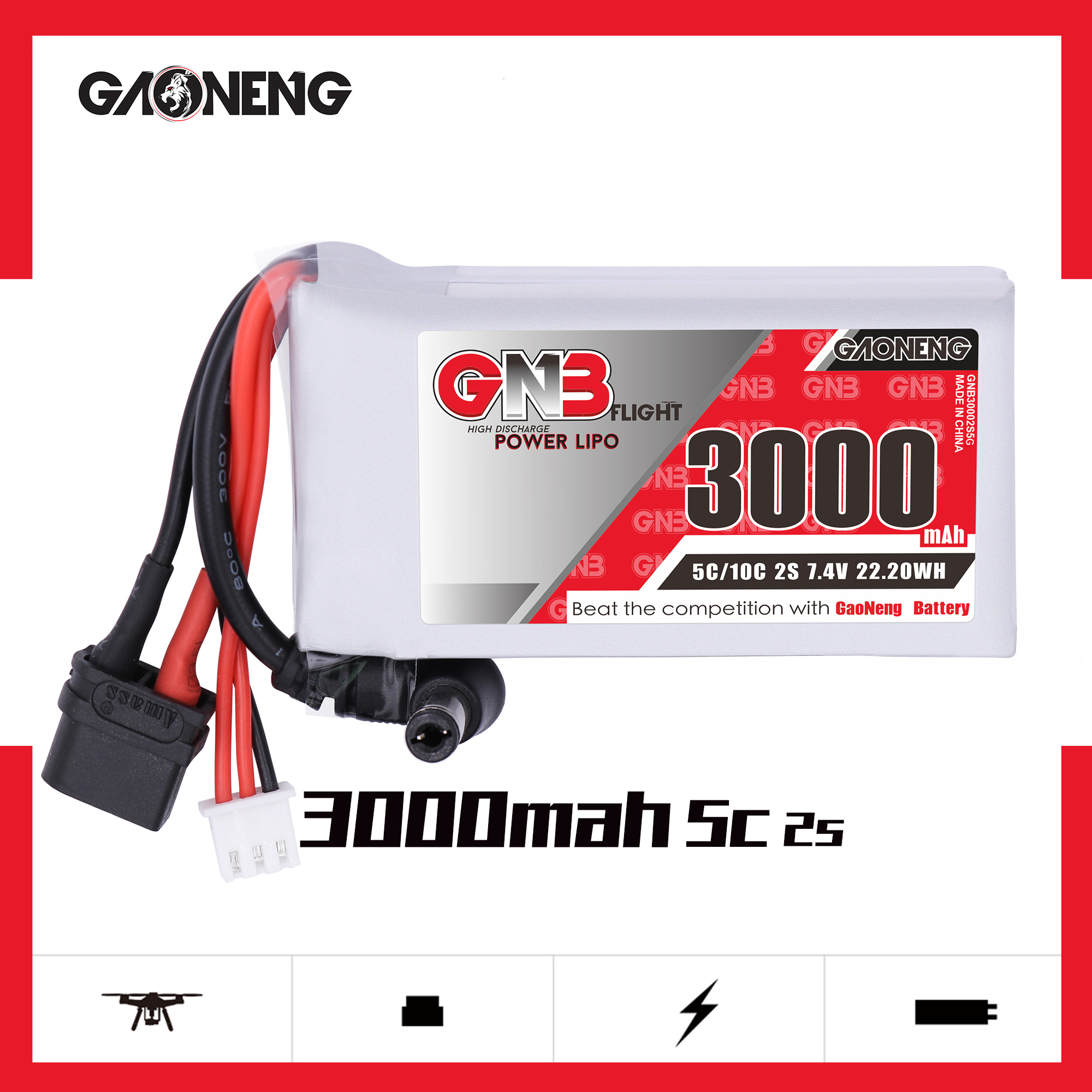 2PCS - GAONENG GNB 2S 7.4V 3000mAh 5C LiPo Battery DC5.5 XT60