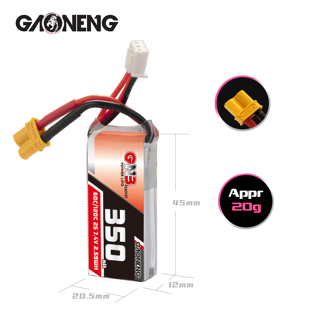 4PCS - GAONENG GNB 2S 7.4V 350mAh 60C LiPo Battery XT30