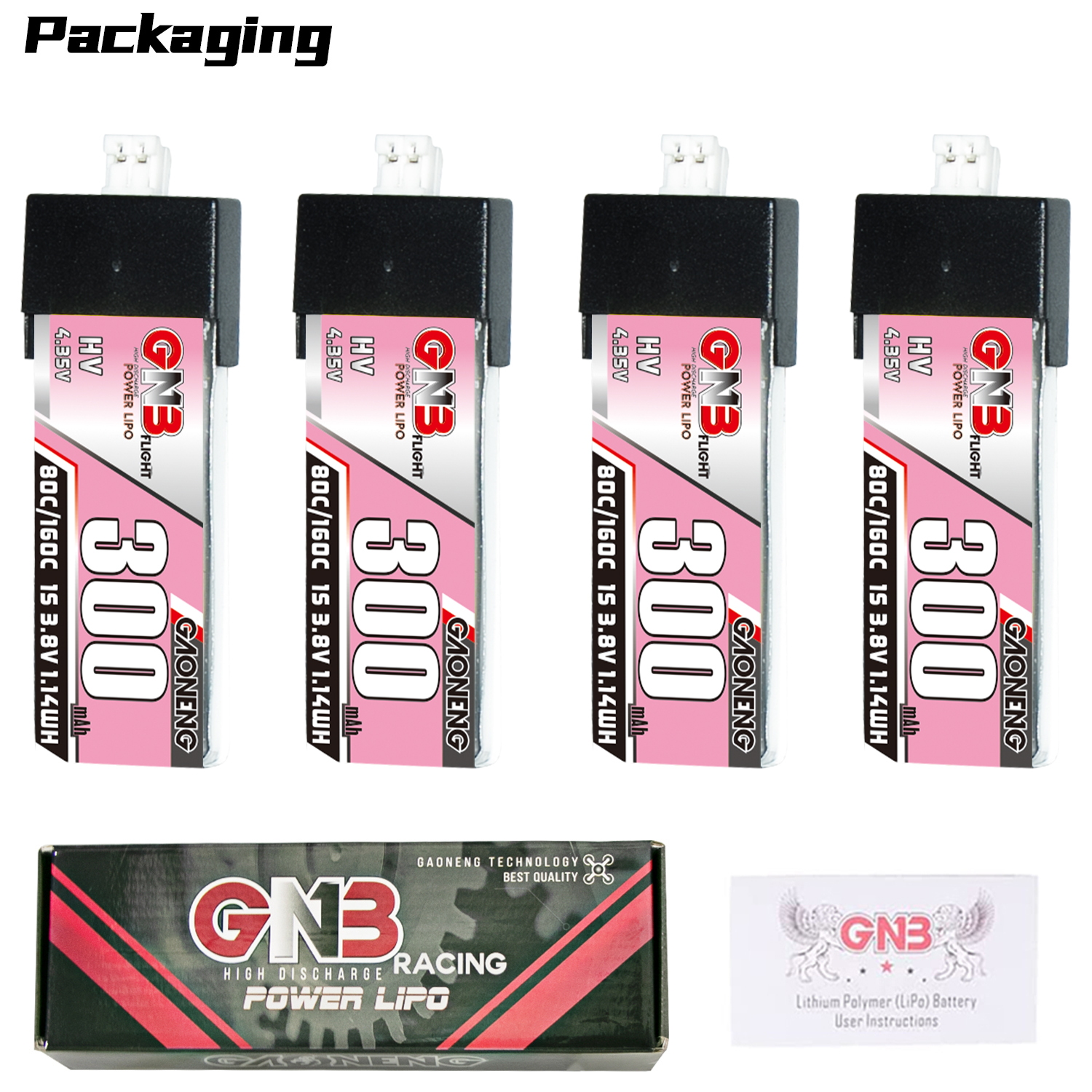 GAONENG GNB LiHV 1S 3.8V 300mAh 80C PH2.0 Plastic Head LiPo Battery