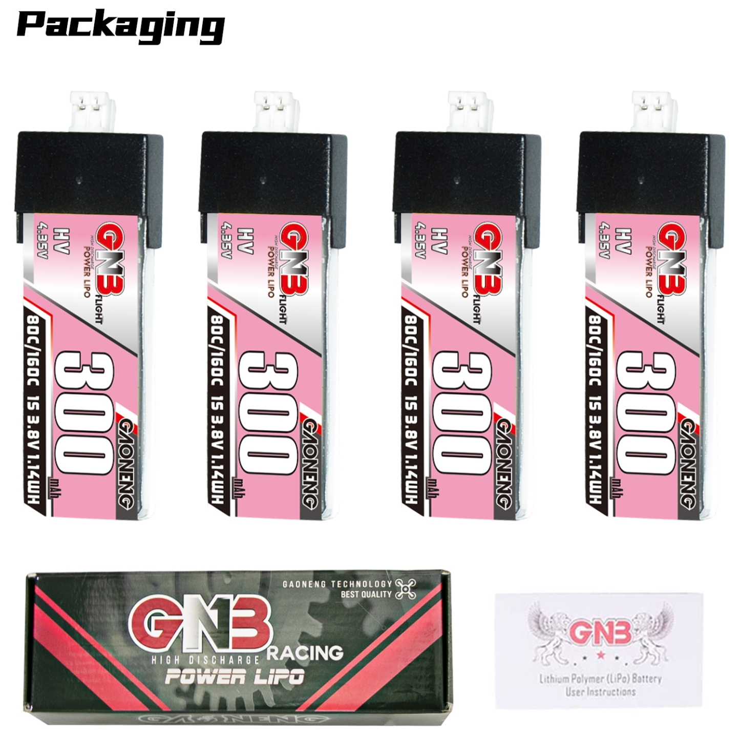GAONENG GNB LiHV 1S 3.8V 300mAh 80C PH2.0 Plastic Head LiPo Battery