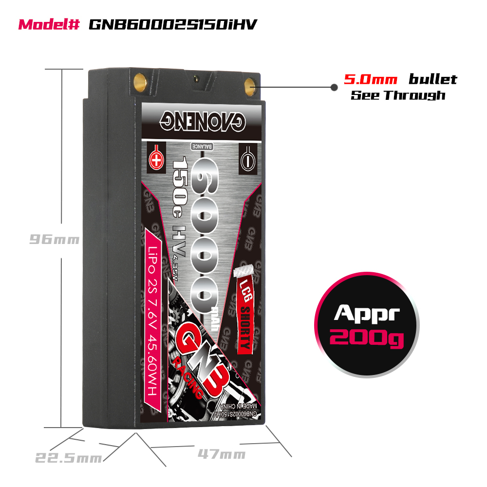 GAONENG GNB LiHV 2S 7.6V 6000mAh 150C LCG Shorty Pack 5mm Bullet Hard Case LiPo Battery