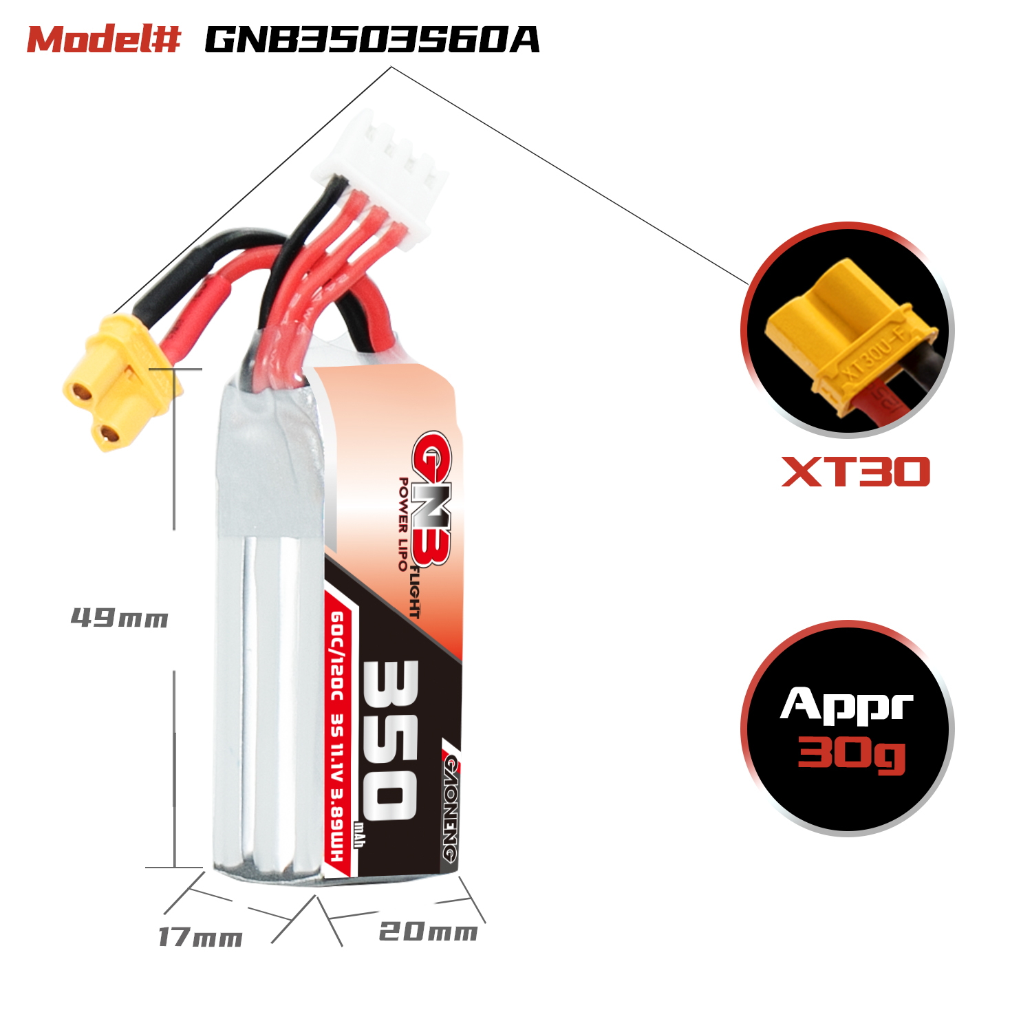 GAONENG GNB 3S 11.1V 350mAh 60C XT30 LiPo Battery